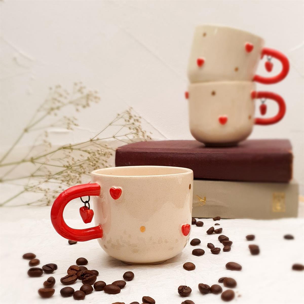 Kalp Küpeli Duble Fincan - Seramik - El Yapımı