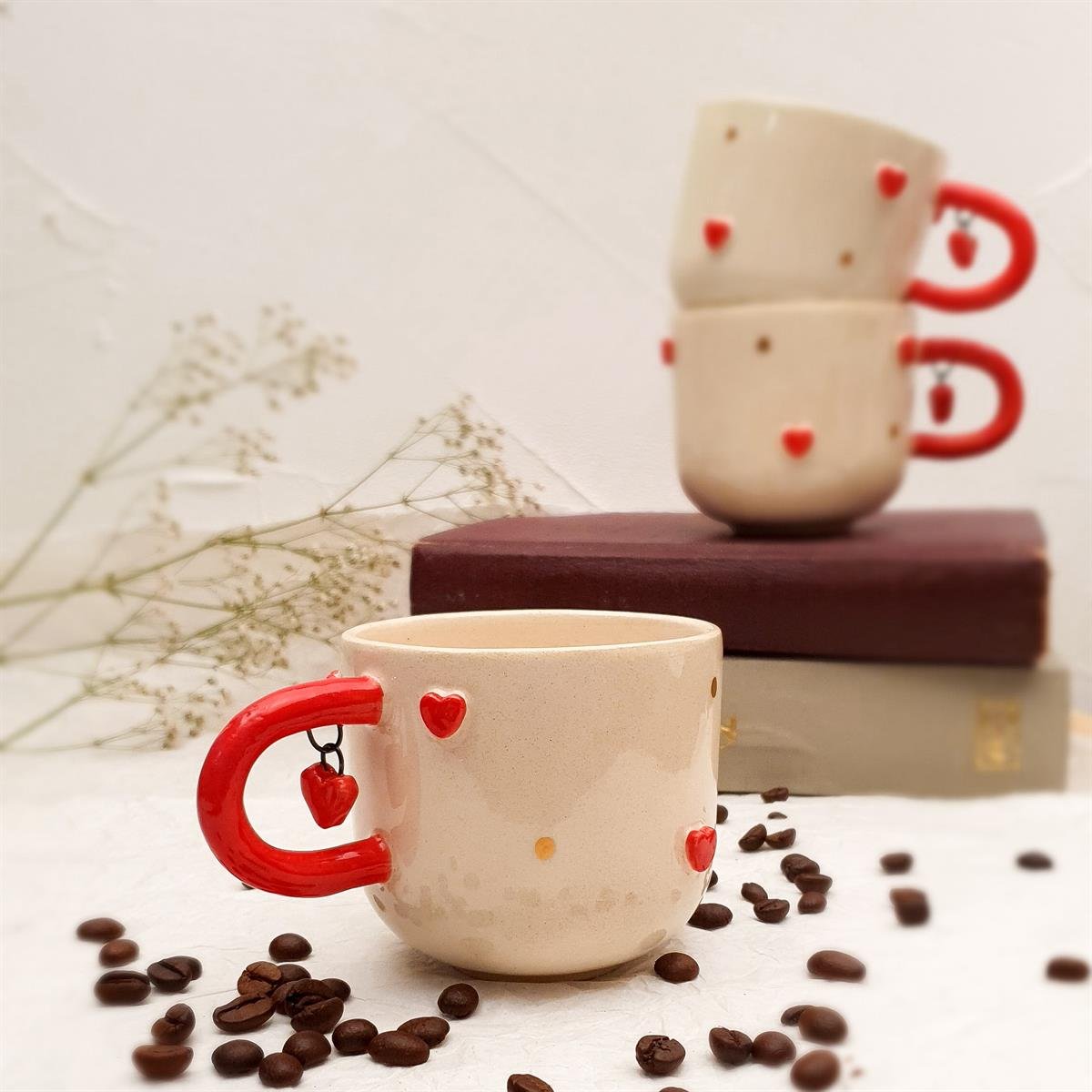 Kalp Küpeli Duble Fincan - Seramik - El Yapımı