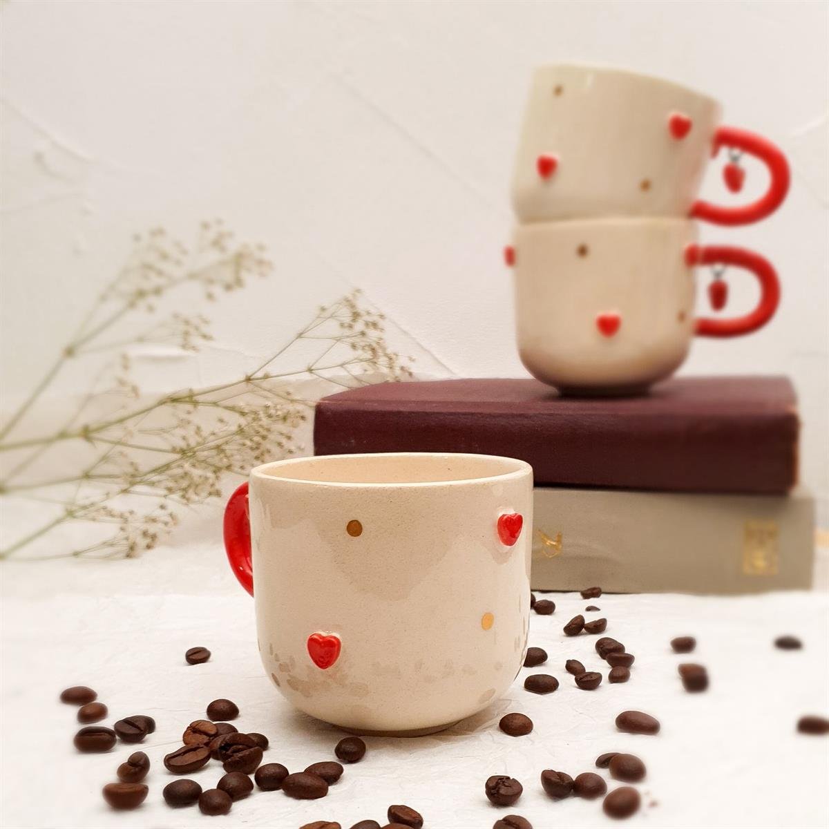 Kalp Küpeli Duble Fincan - Seramik - El Yapımı