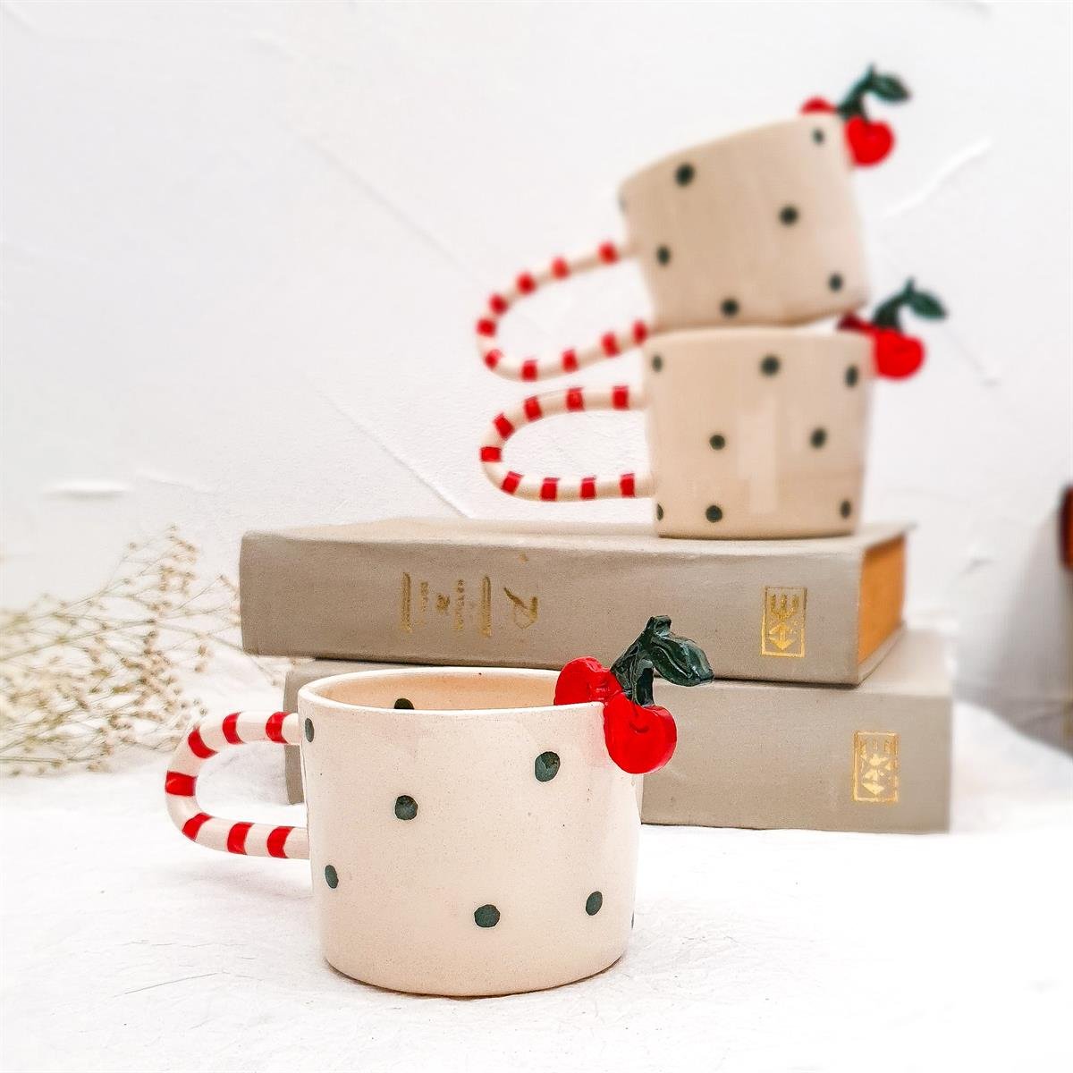 Kirazlı Duble Fincan - 3 Boyutlu Kirazlı - Renkli Puanlı