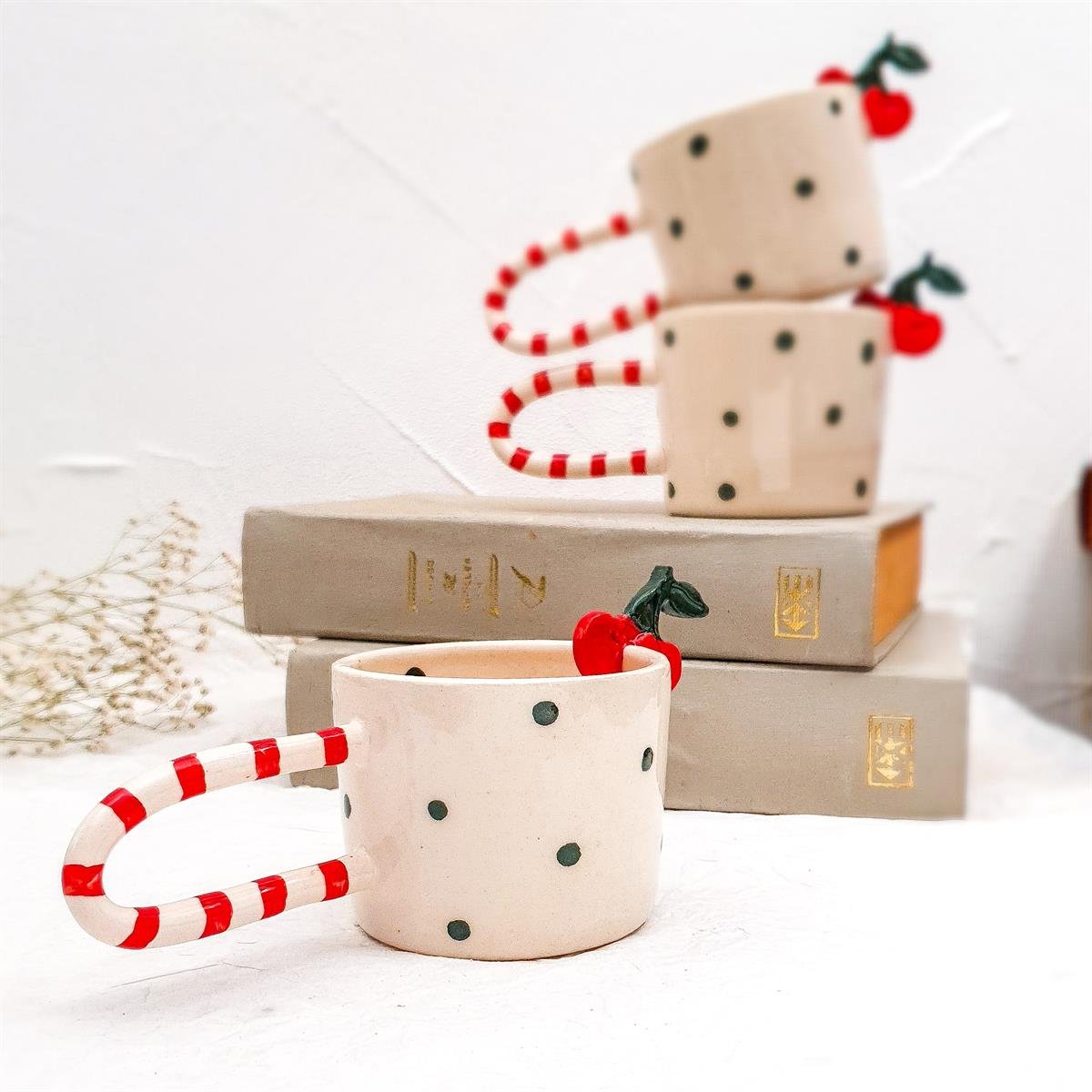 Kirazlı Duble Fincan - 3 Boyutlu Kirazlı - Renkli Puanlı