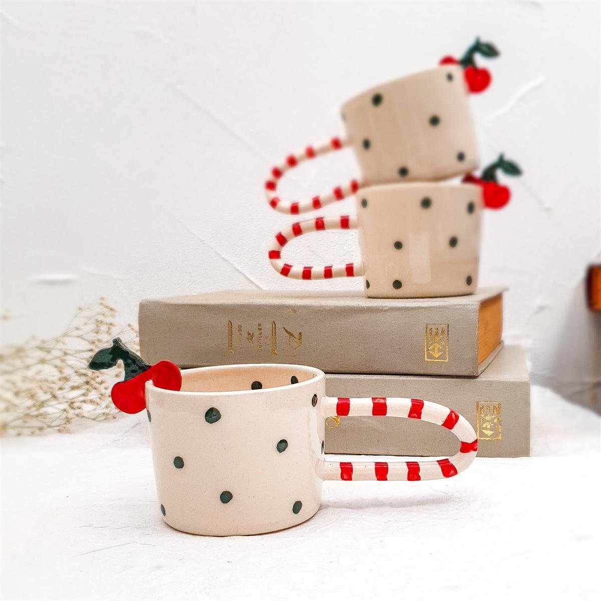 Kirazlı Duble Fincan - 3 Boyutlu Kirazlı - Renkli Puanlı