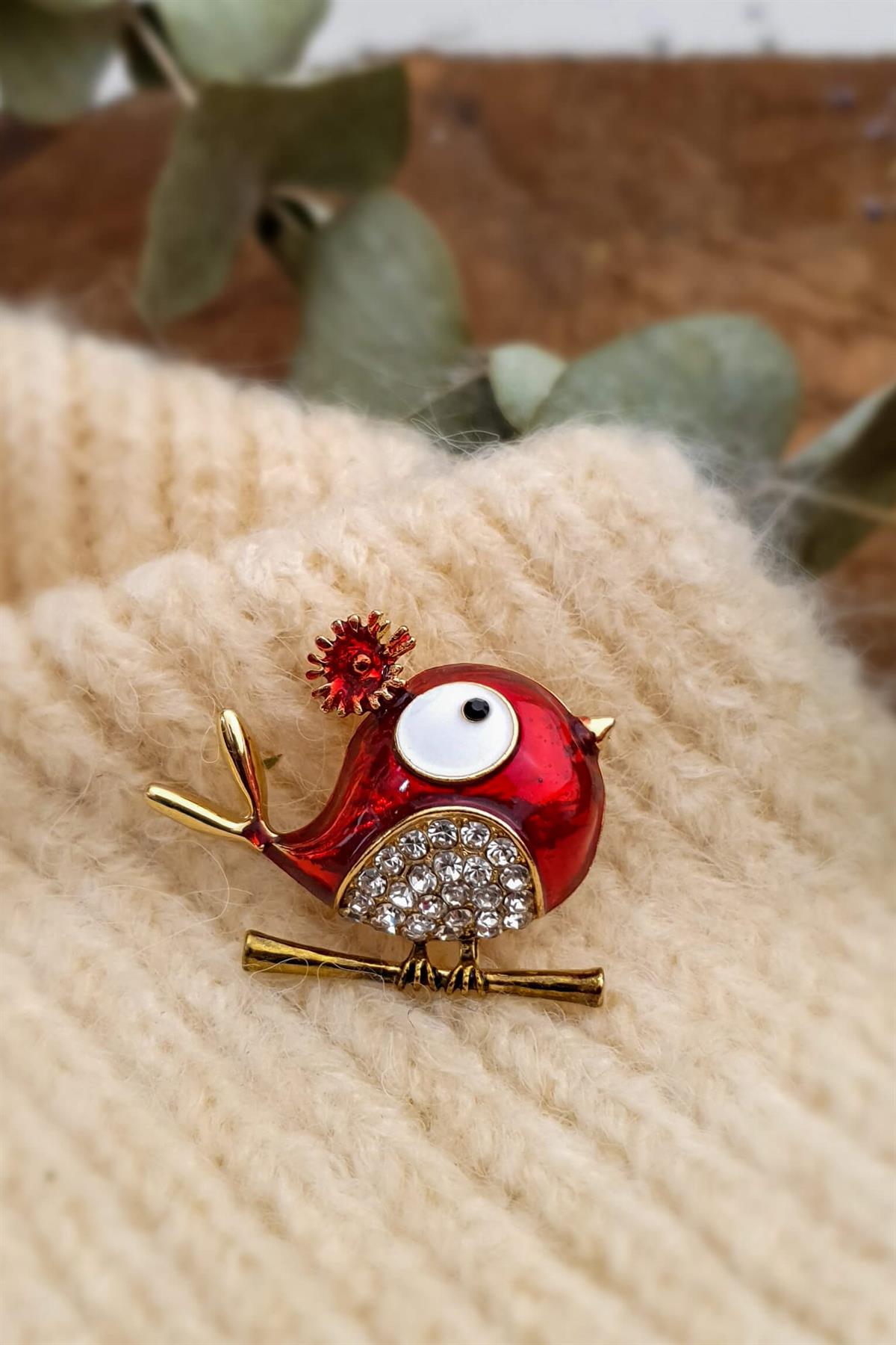 Kuş Figürlü Yaka İğnesi - Broş - Kırmızı Kuş