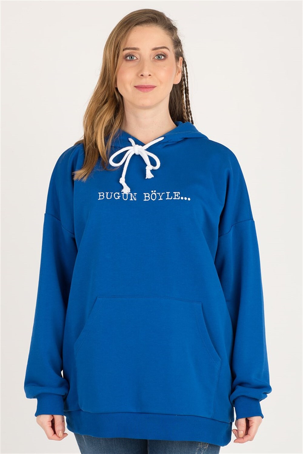 MAVİ KAPÜŞONLU BUGÜN BÖYLE SWEATSHIRT
