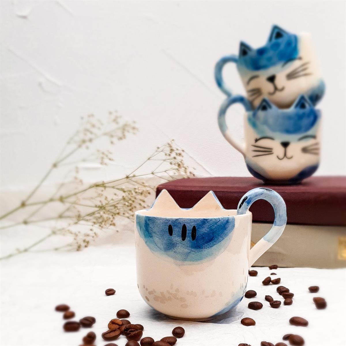 Mavi Kedi Duble Fincan - Seramik - El Yapımı