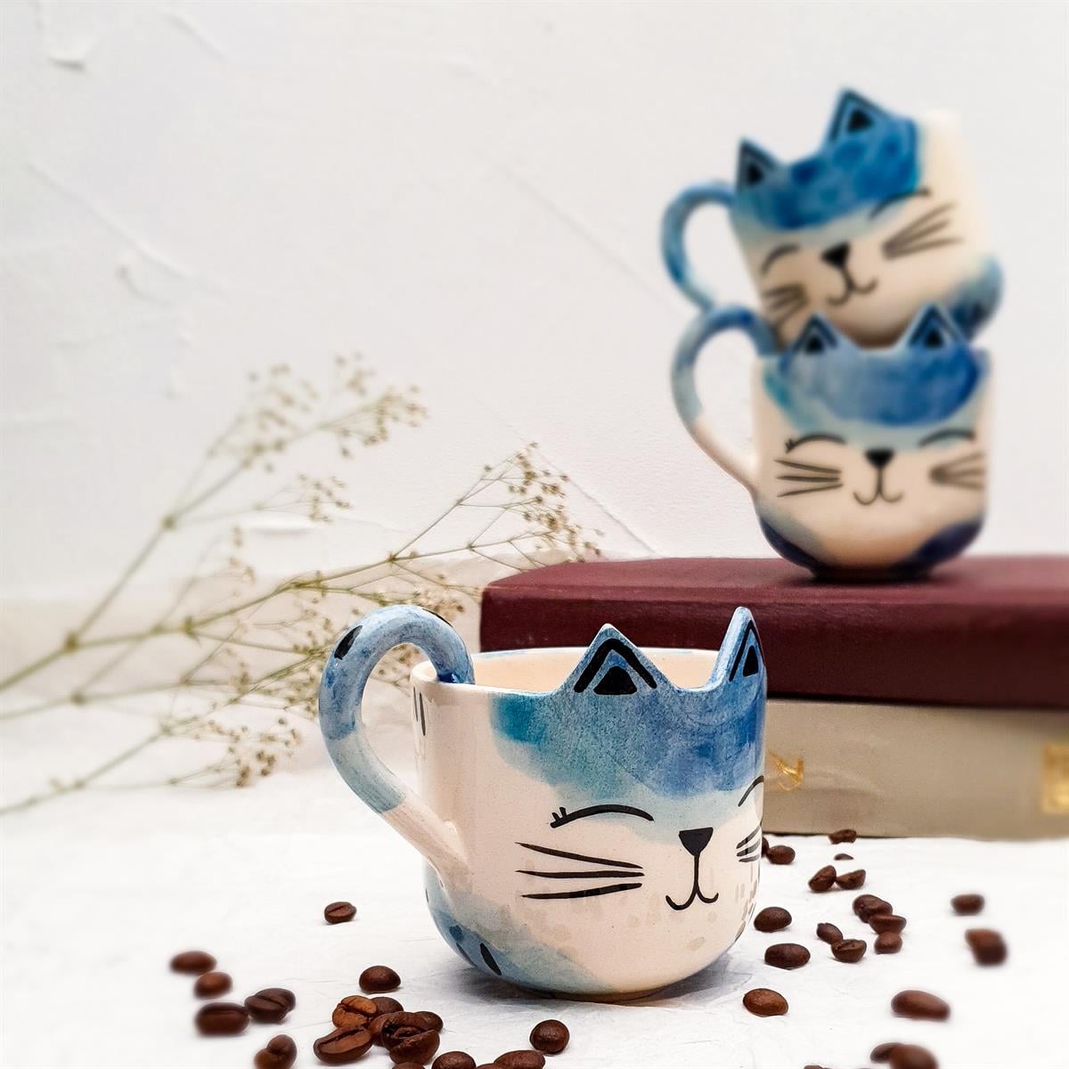 Mavi Kedi Duble Fincan - Seramik - El Yapımı