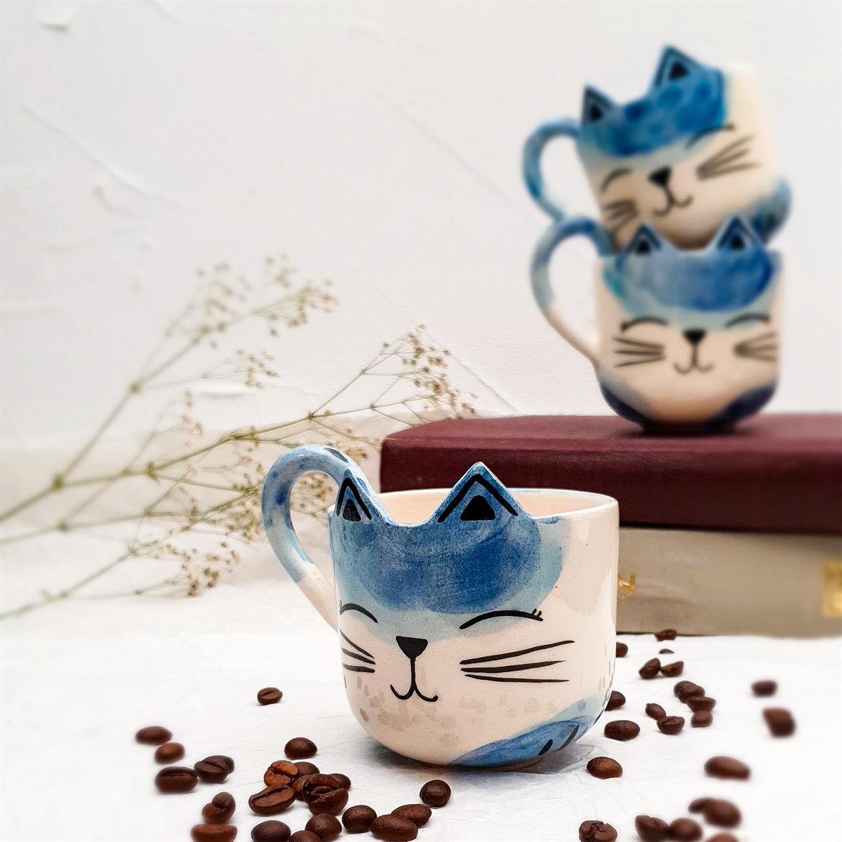 Mavi Kedi Duble Fincan - Seramik - El Yapımı
