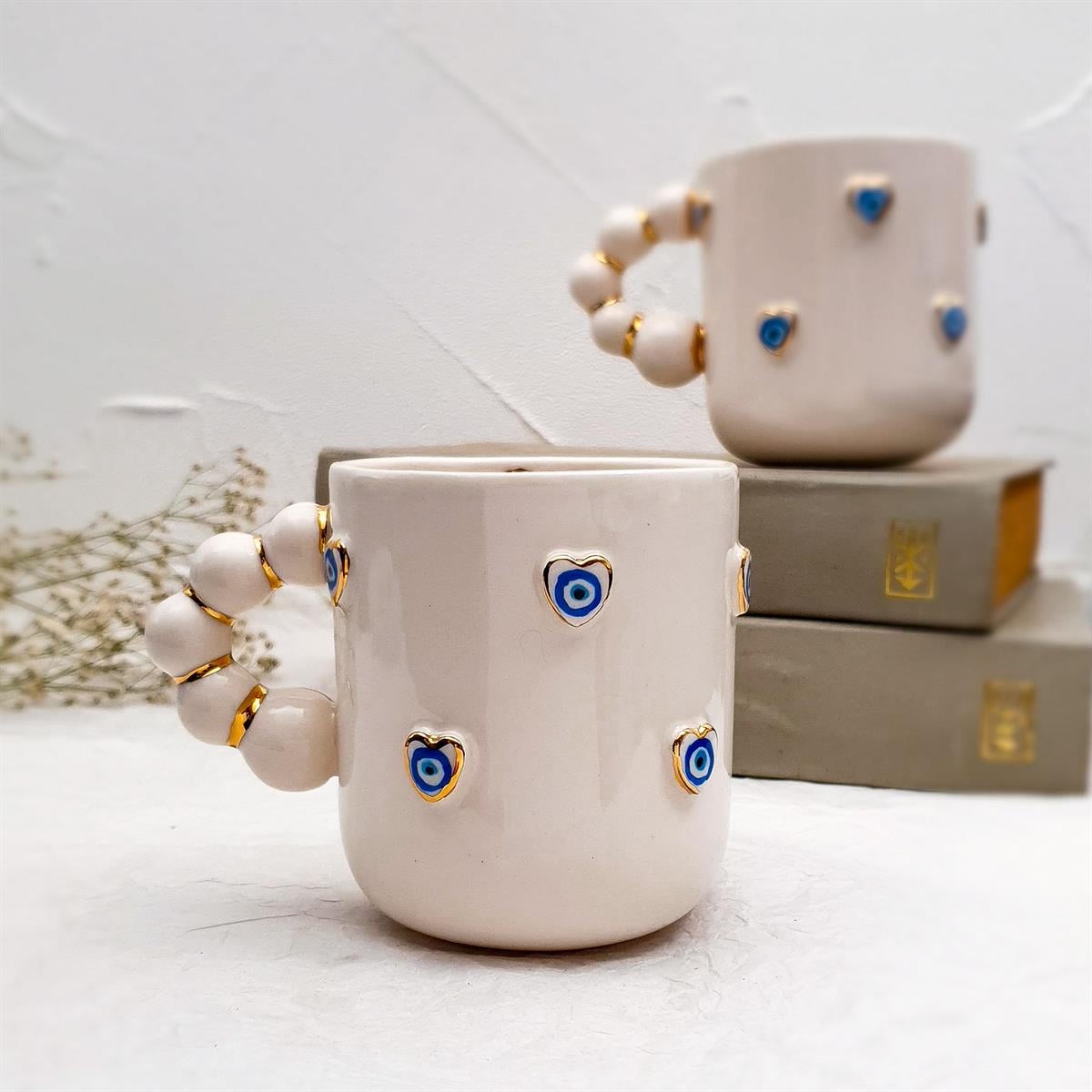 Minimal Kalp ve Nazar Fincan - 24K Altın Detaylı