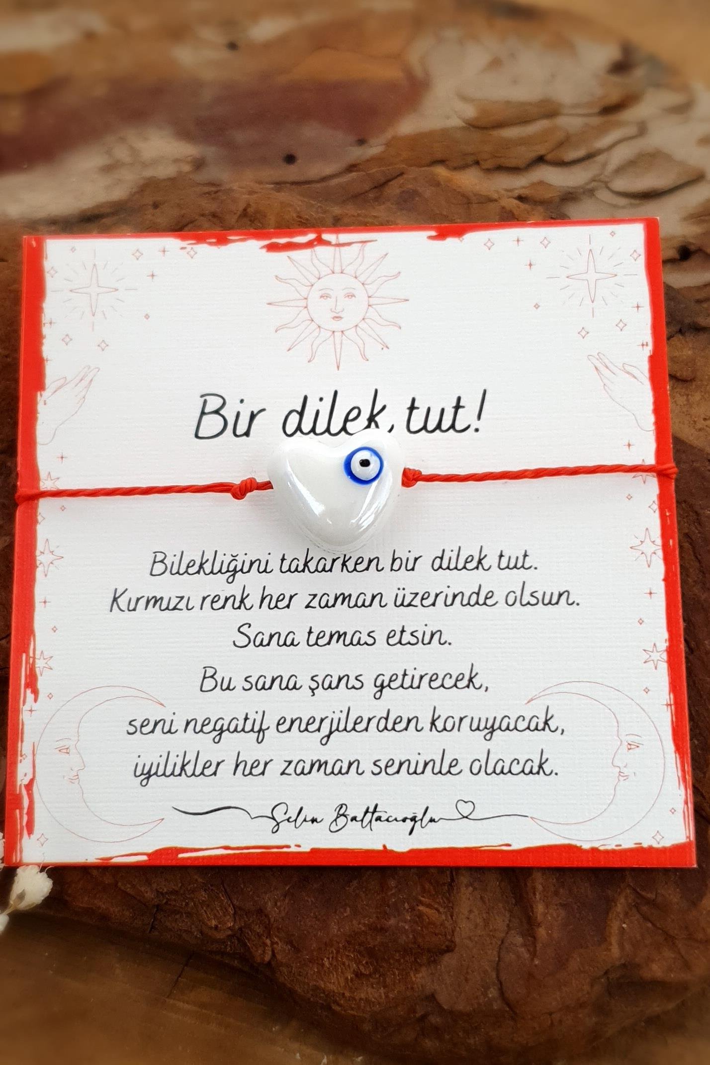 Şans Bilekliği - Kırmızı İp Bileklik - Beyaz Kalp