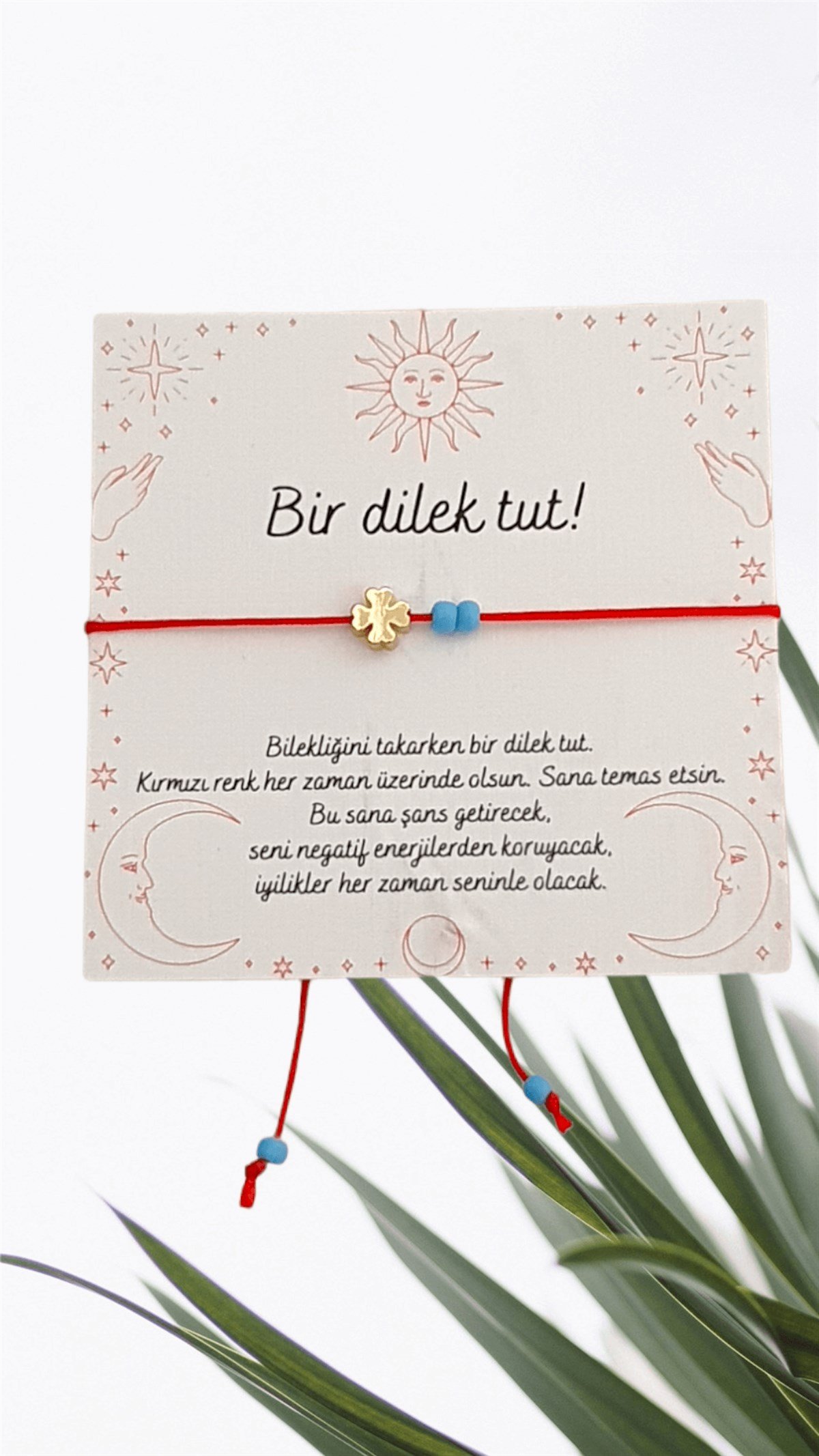 Şans Bilekliği - Kırmızı İp Bileklik - Dilek Bilekliği - Yonca Figürlü