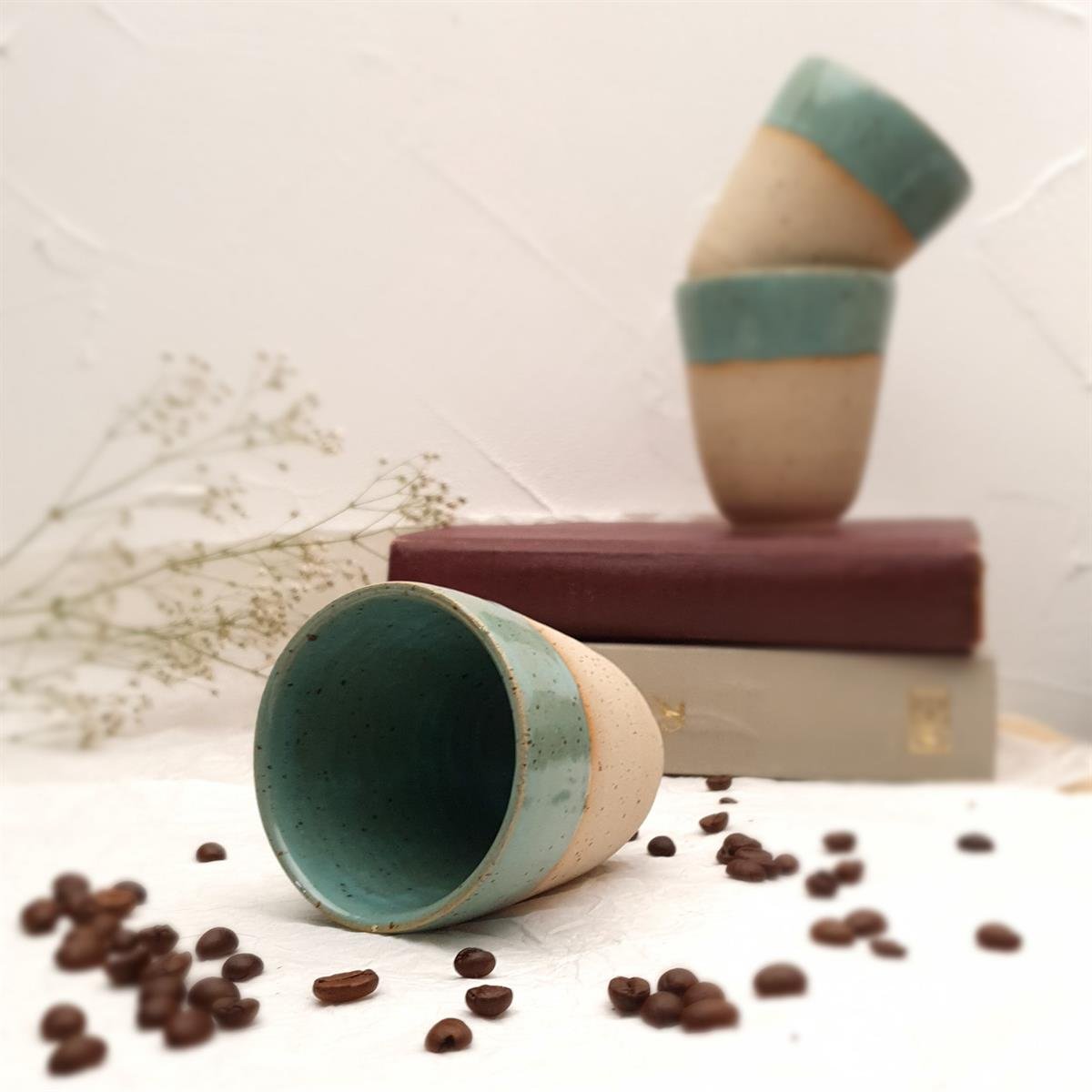 Stoneware Duble Espresso Bardağı - Koyu Renk - El Yapımı Stoneware Seramik - Yeşil