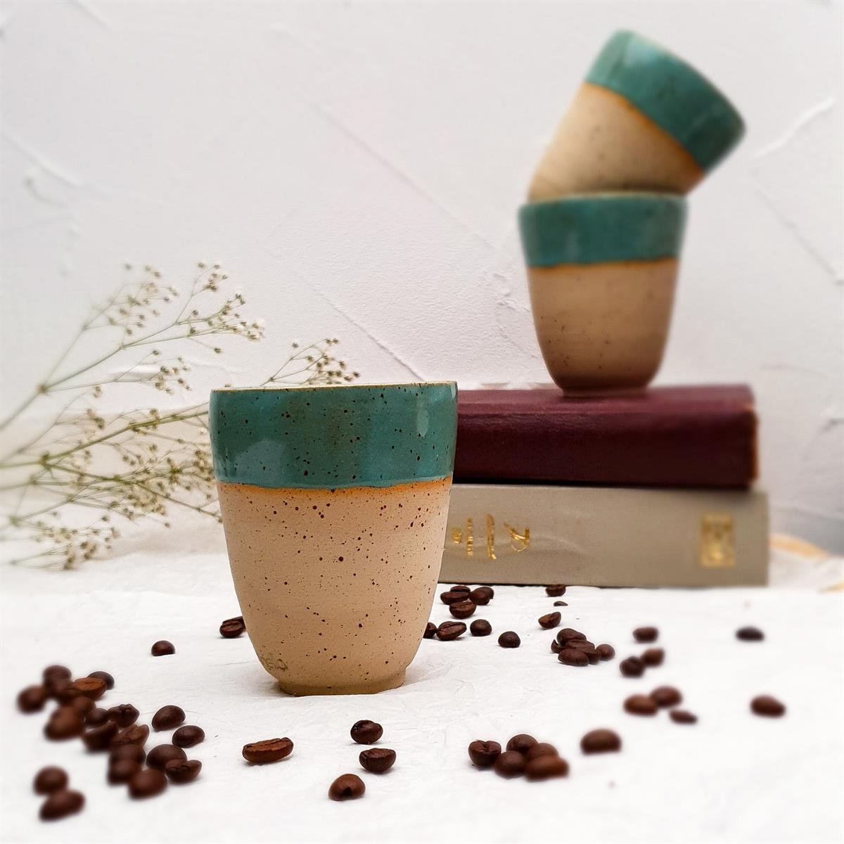Stoneware Duble Espresso Bardağı - Koyu Renk - El Yapımı Stoneware Seramik - Yeşil