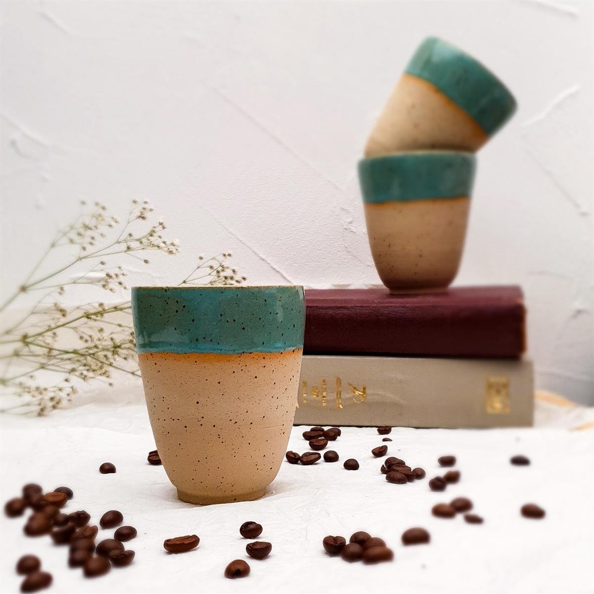 Stoneware Duble Espresso Bardağı - Koyu Renk - El Yapımı Stoneware Seramik - Yeşil