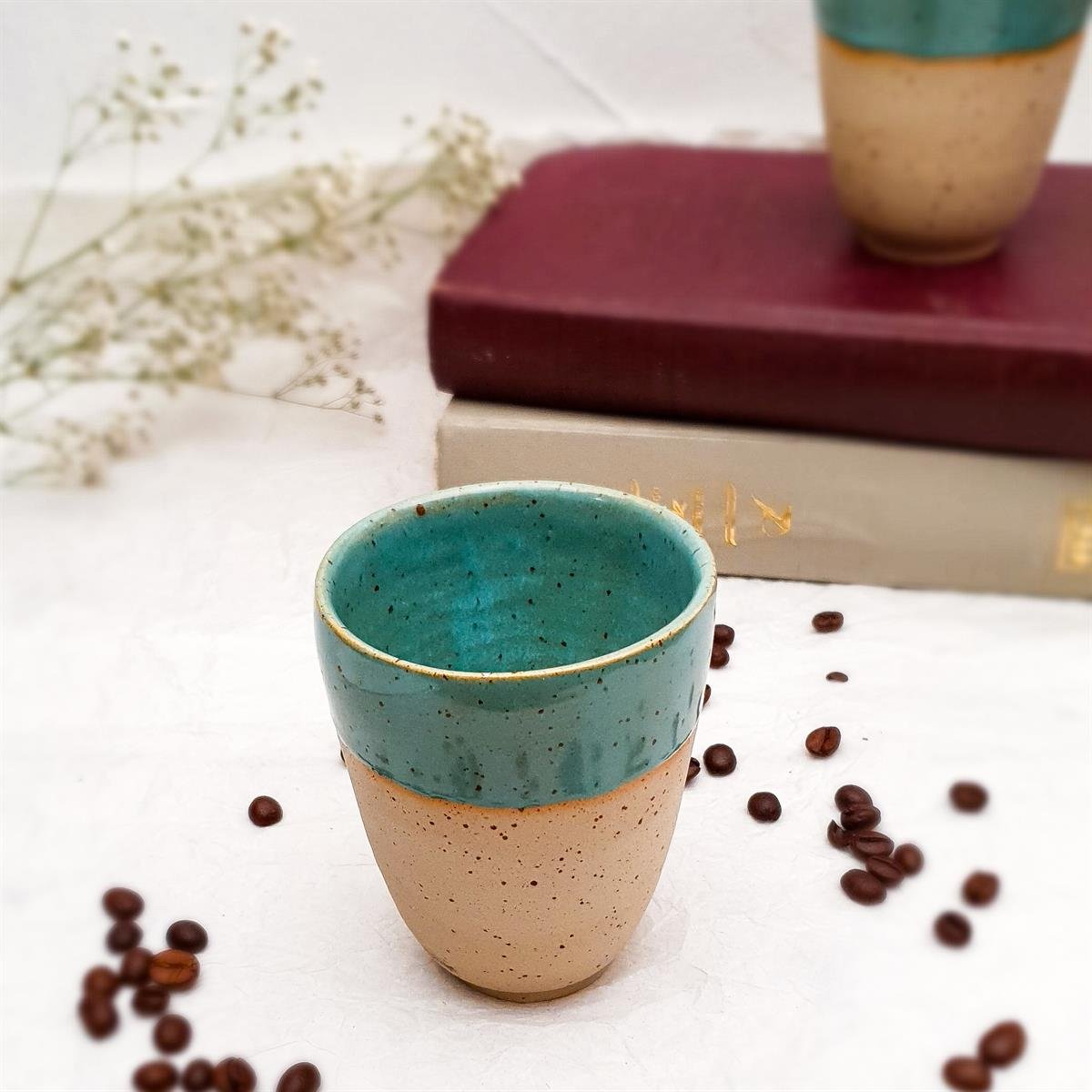 Stoneware Duble Espresso Bardağı - Koyu Renk - El Yapımı Stoneware Seramik - Yeşil
