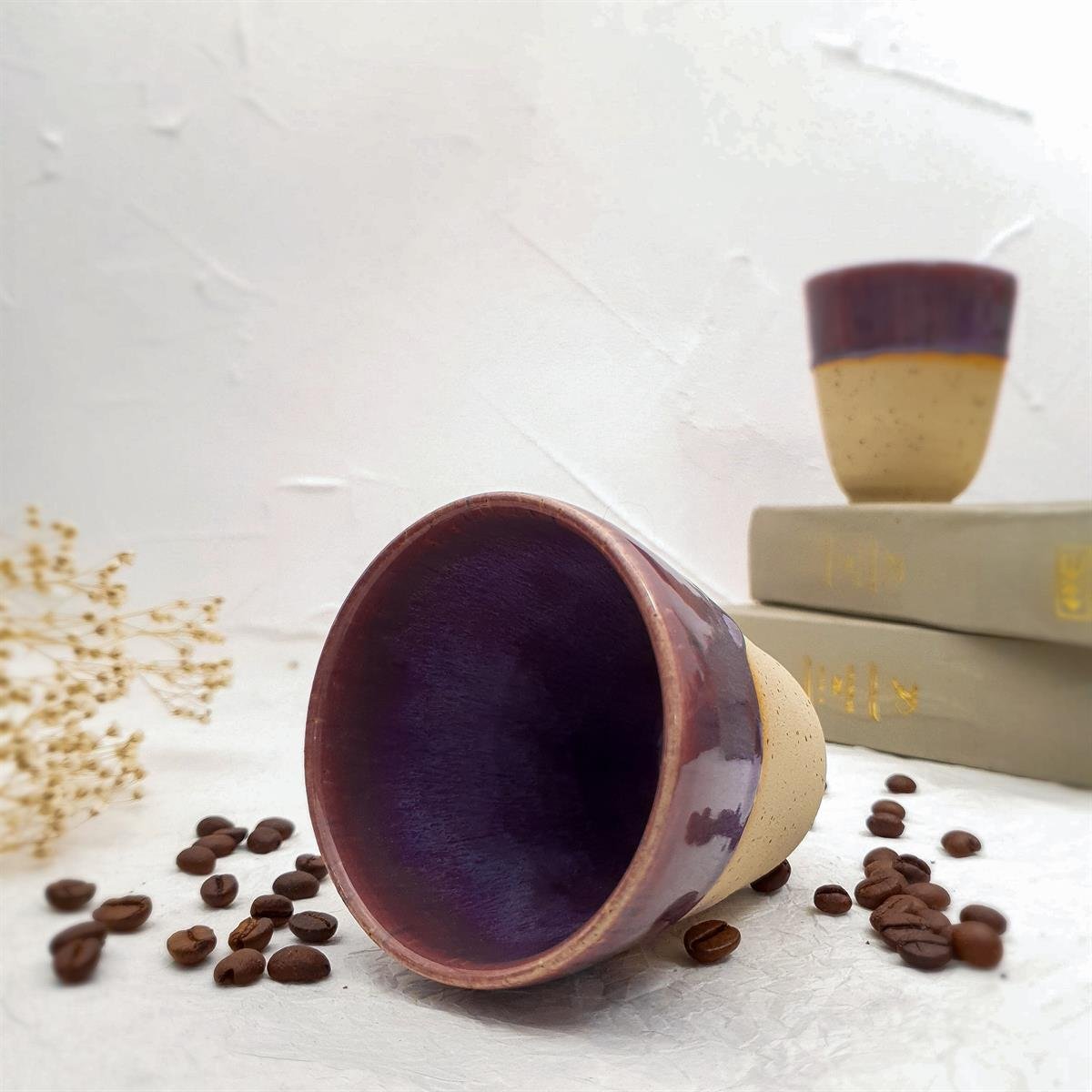 Stoneware Kulpsuz Fincan - El Yapımı Stoneware Seramik - Mürdüm Rengi