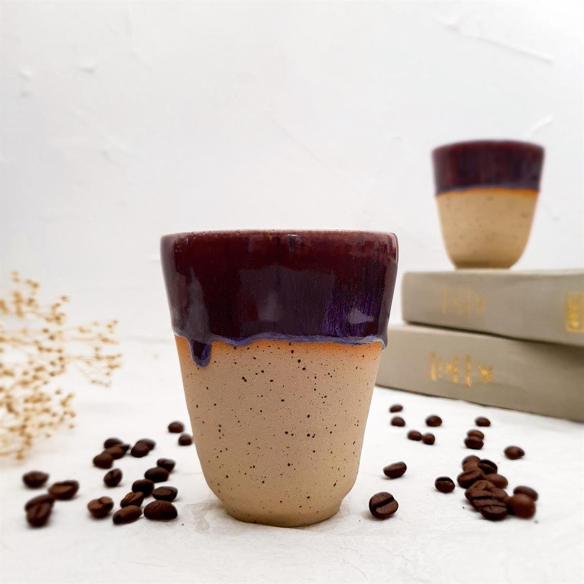 Stoneware Kulpsuz Fincan - El Yapımı Stoneware Seramik - Mürdüm Rengi