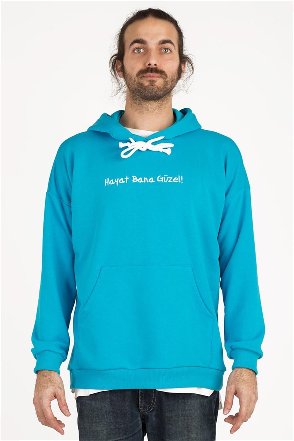 TURKUAZ KAPÜŞONLU HAYAT BANA GÜZEL SWEATSHIRT