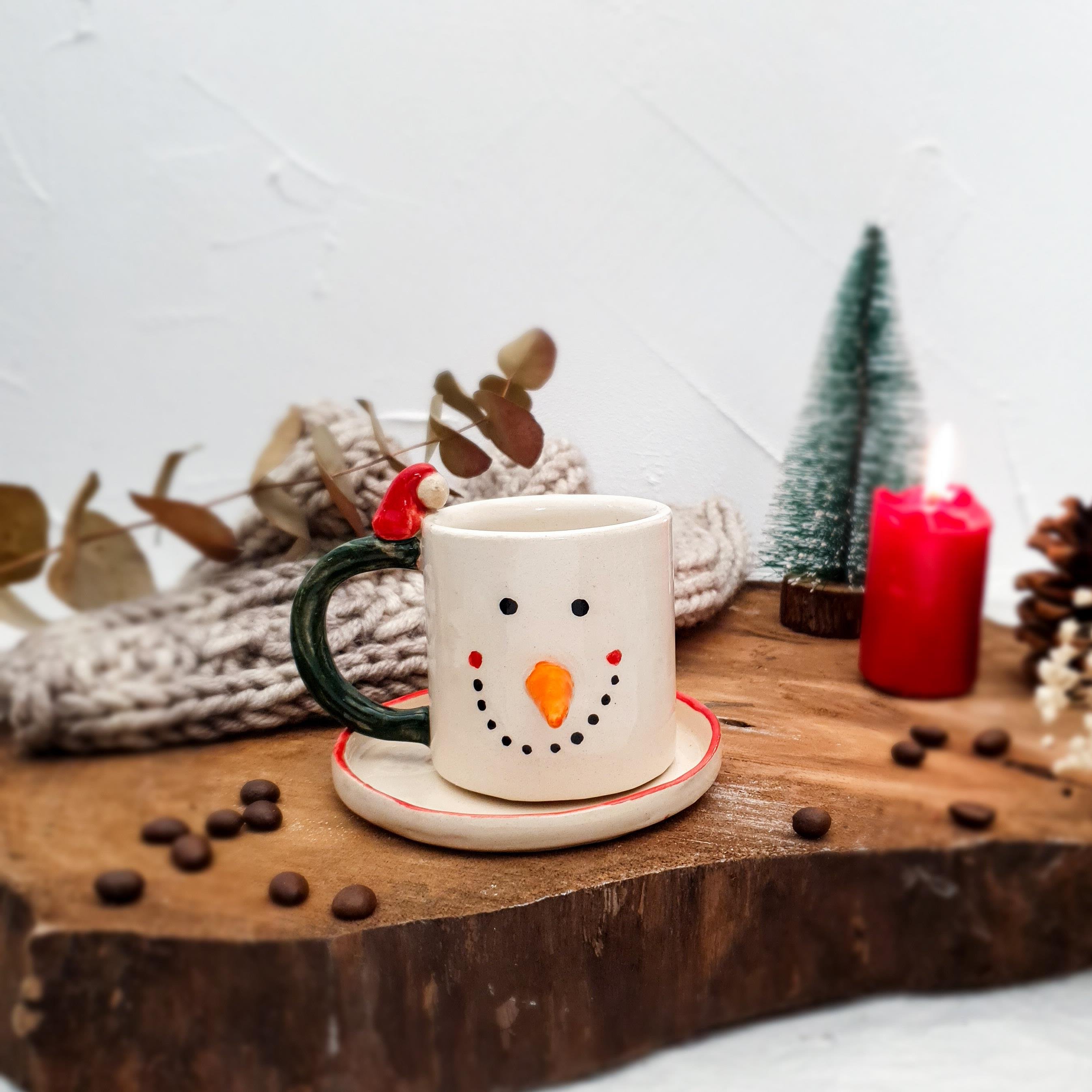 Yılbaşı - Kardan Adam Türk Kahvesi Fincanı - El Yapımı Seramik