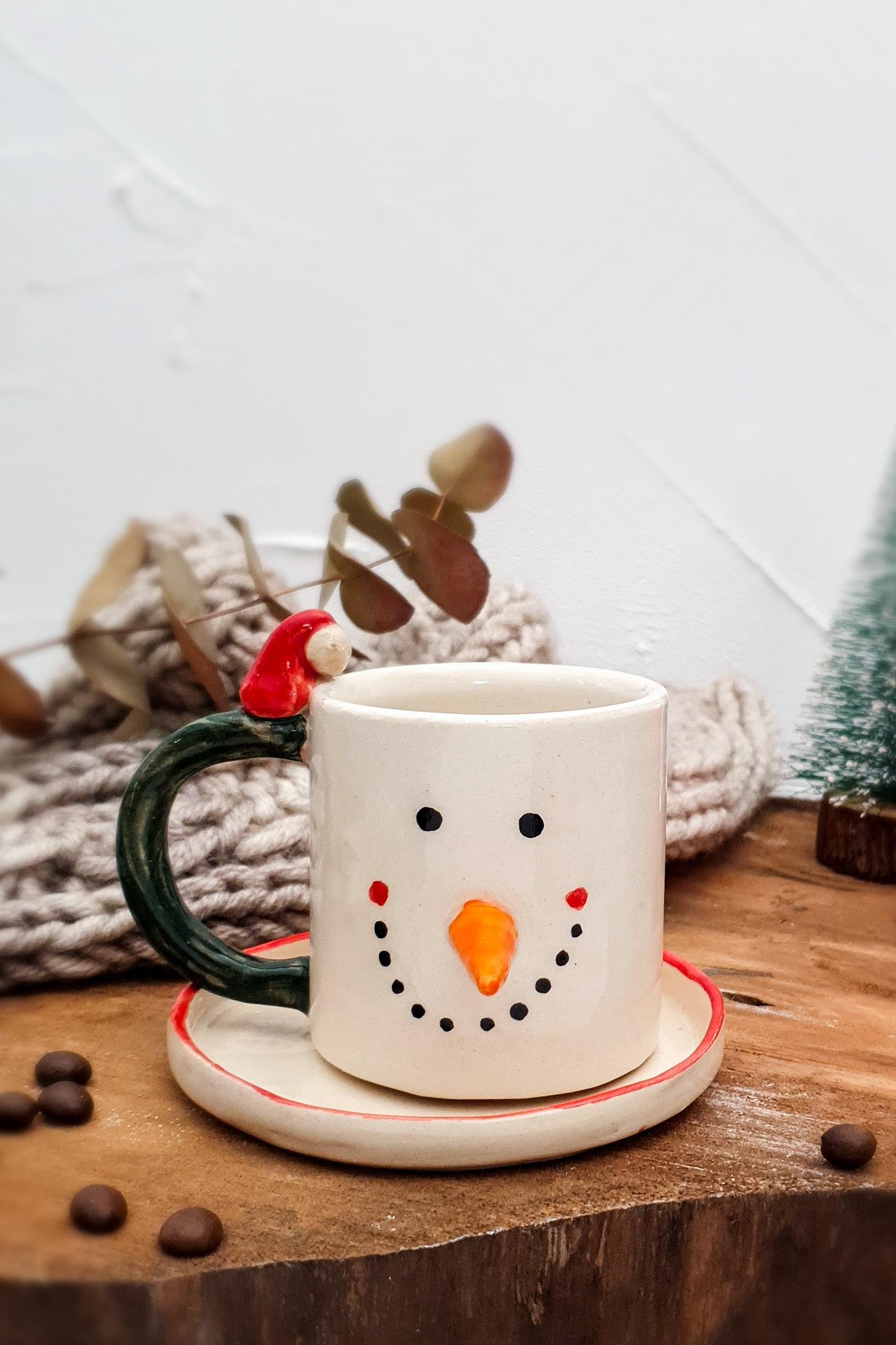 Yılbaşı - Kardan Adam Türk Kahvesi Fincanı - El Yapımı Seramik