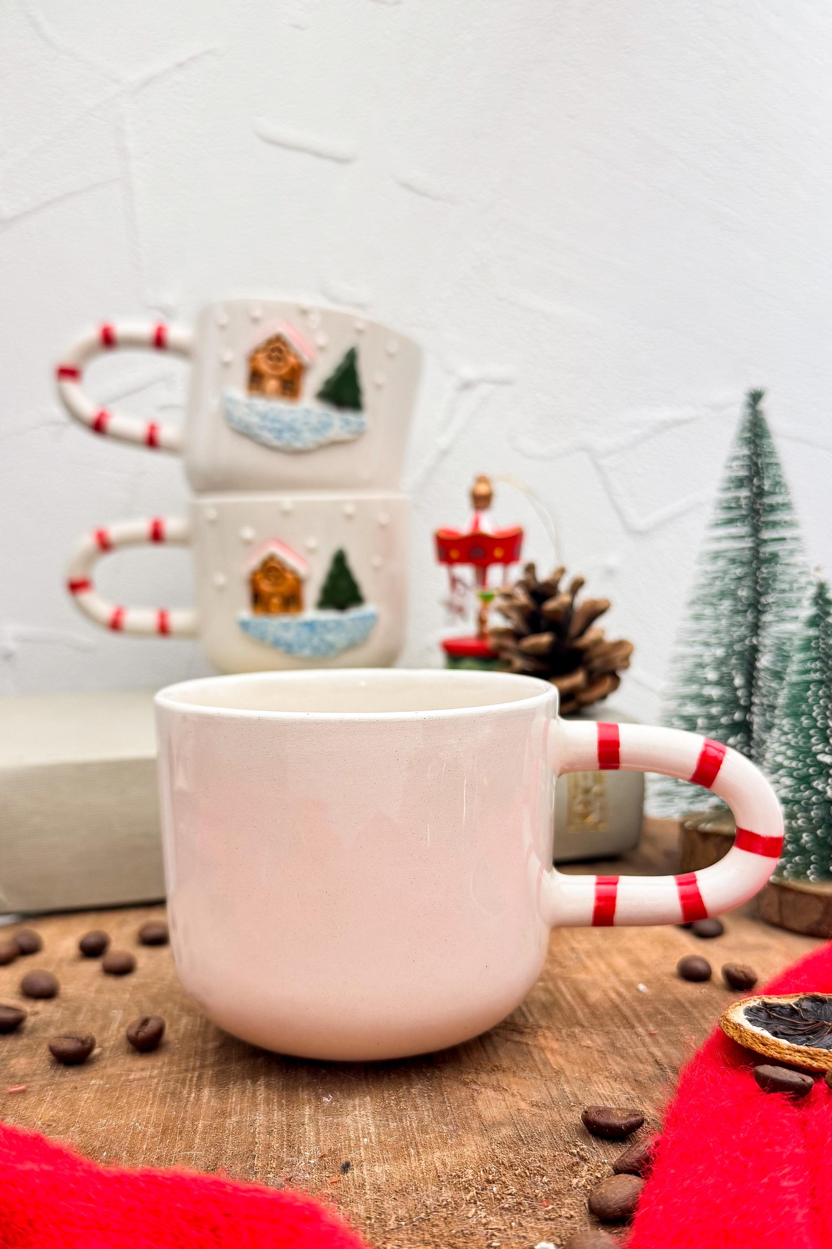 Yılbaşı Temalı Fincan - Ev Ağaç ve Karlı - El Yapımı Seramik - Duble Boy