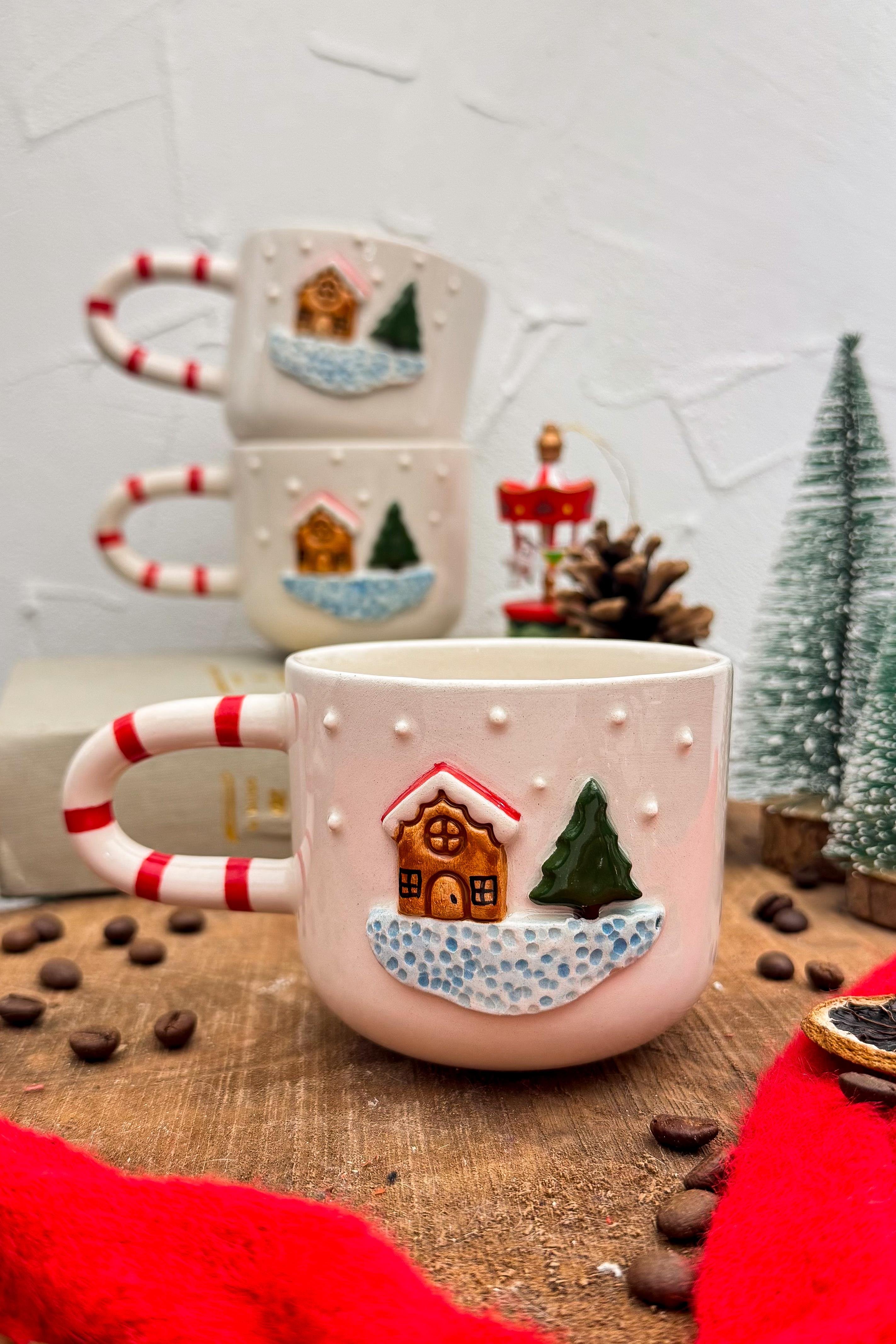 Yılbaşı Temalı Fincan - Ev Ağaç ve Karlı - El Yapımı Seramik - Duble Boy