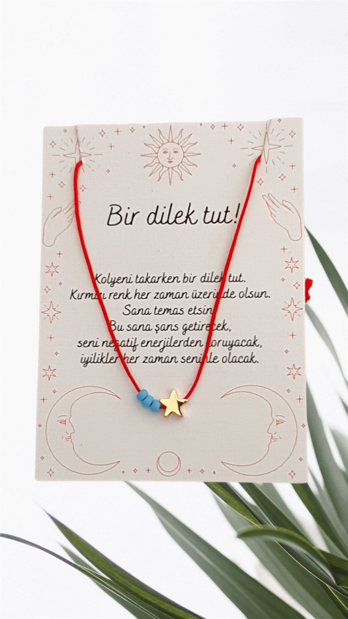 Yıldızlı Şans Kolyesi - Kırmızı İp Kolye - Dilek Kolyesi - Mavi Boncuklu