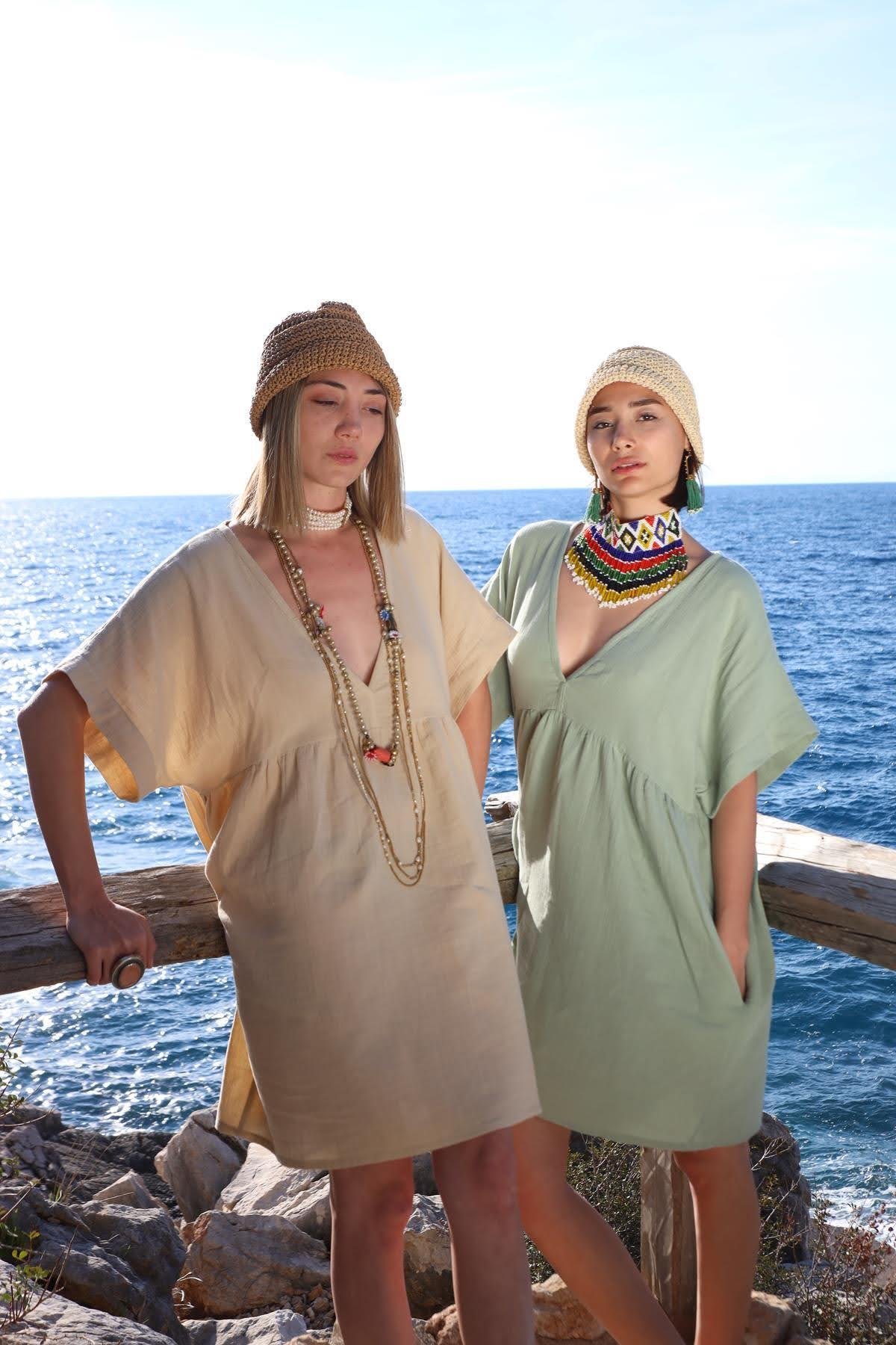 Mint Yeşili V Yaka Kısa Kollu Müslin Elbise - Şaman Butik Mint Yeşili V Yaka Kısa Kollu Müslin Elbise