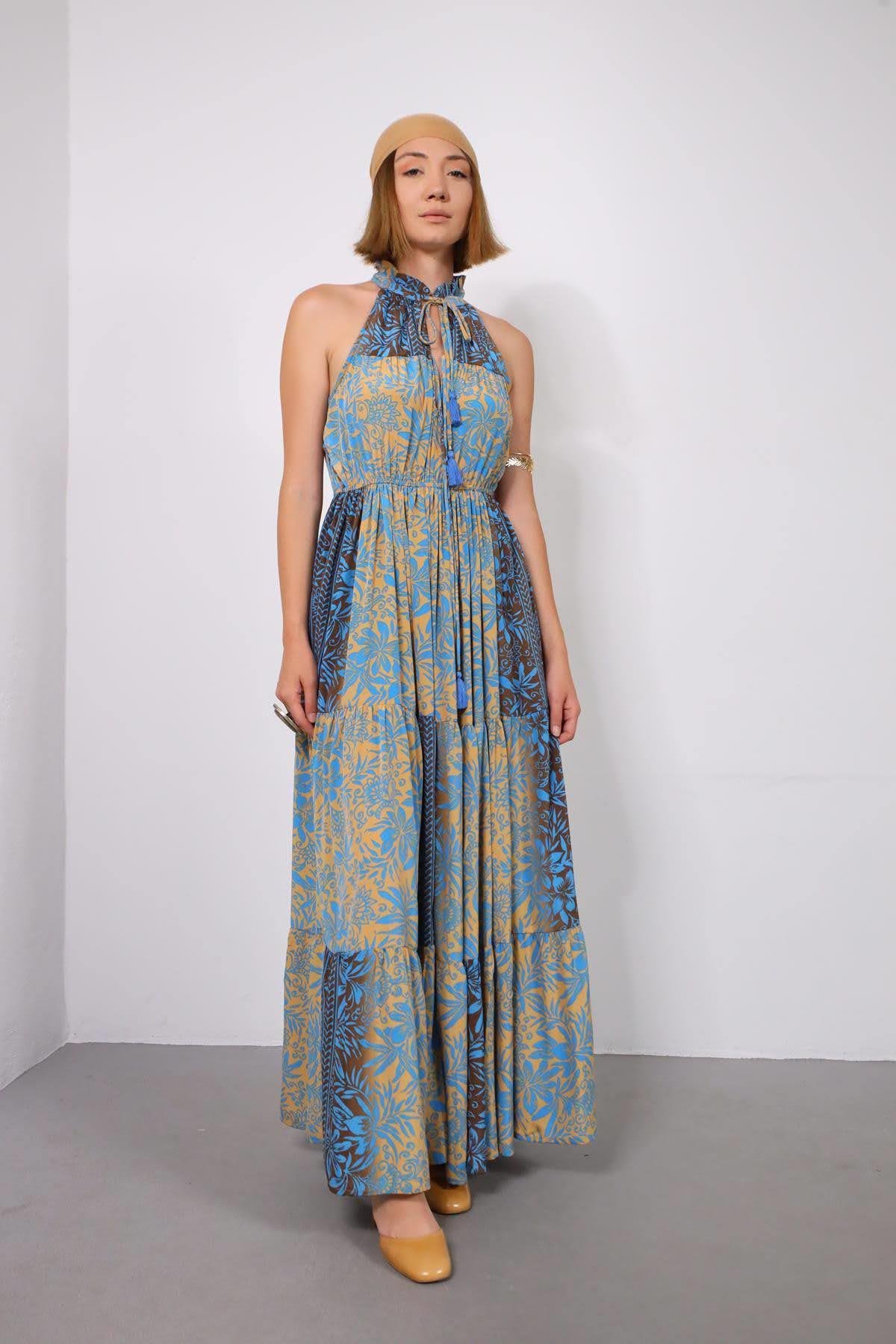 Gold Rengi Yakası Fırfırlı Desenli İpek Elbise - Şaman Butik Gold Rengi Yakası Fırfırlı Desenli İpek Elbise