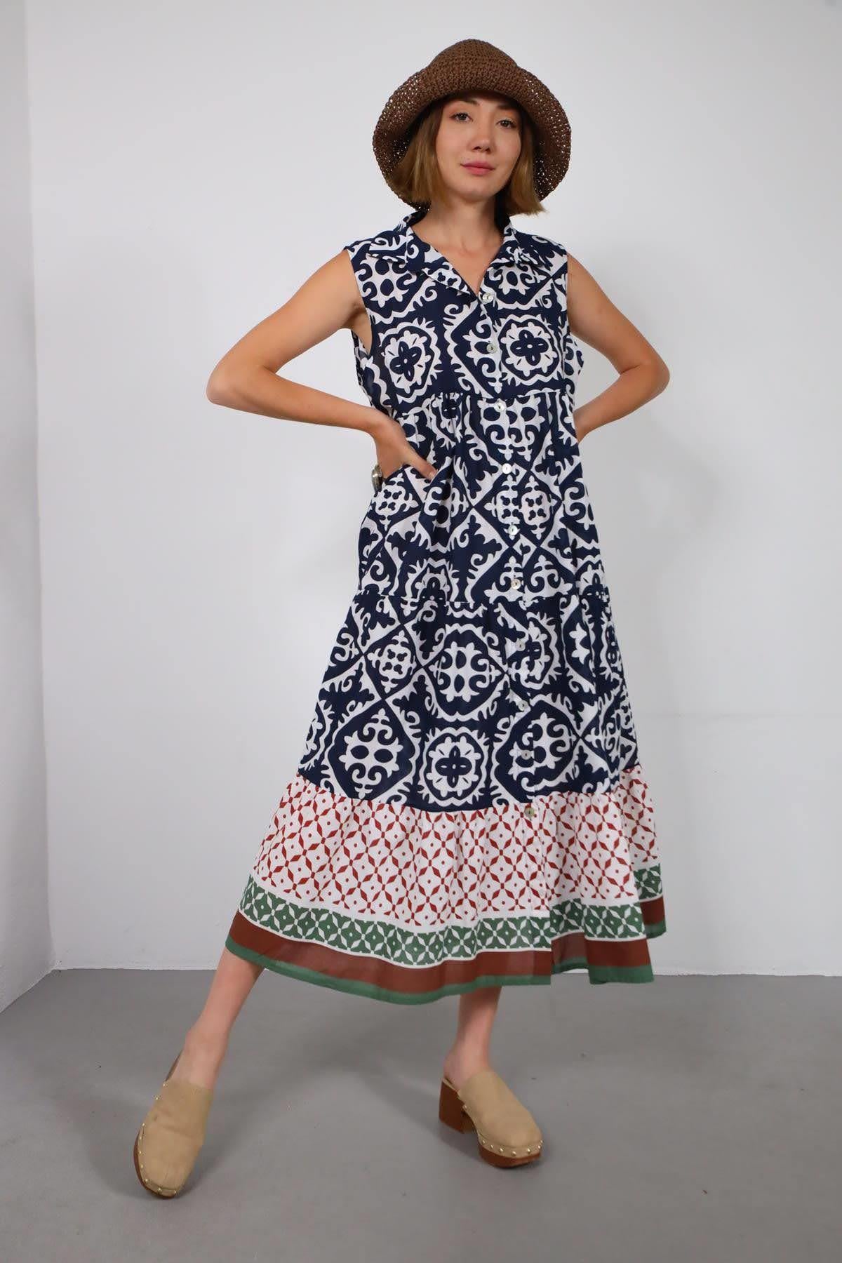 Lacivert Kilim Desenli Kolsuz Gömlek Elbise - Şaman Butik Lacivert Kilim Desenli Kolsuz Gömlek Elbise