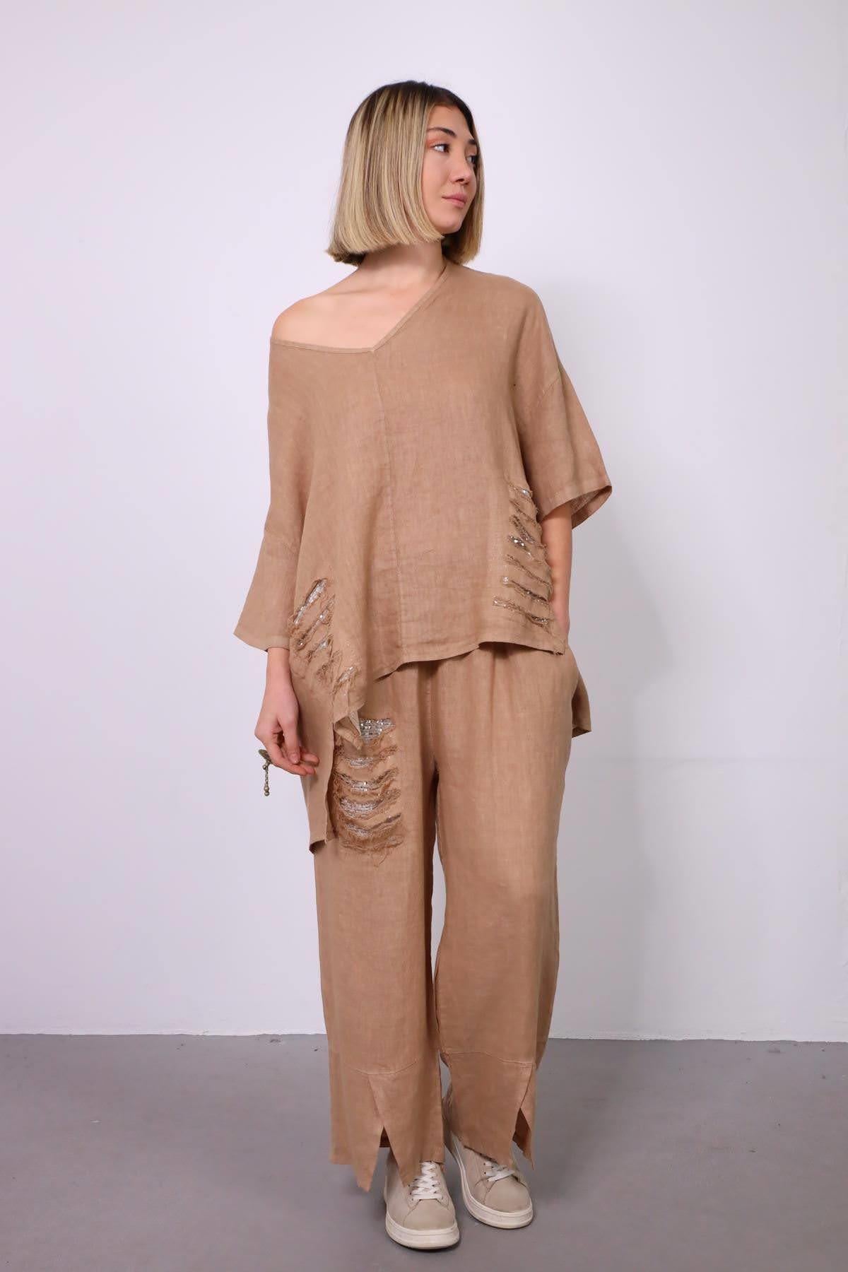 Camel Pullu V Yaka Keten Takım Camel Pullu V Yaka Keten Takım