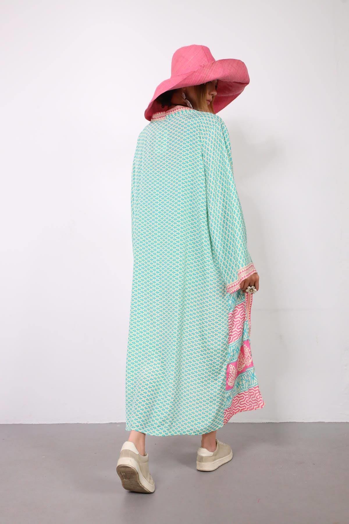  Turkuaz Desenli İpek Kimono