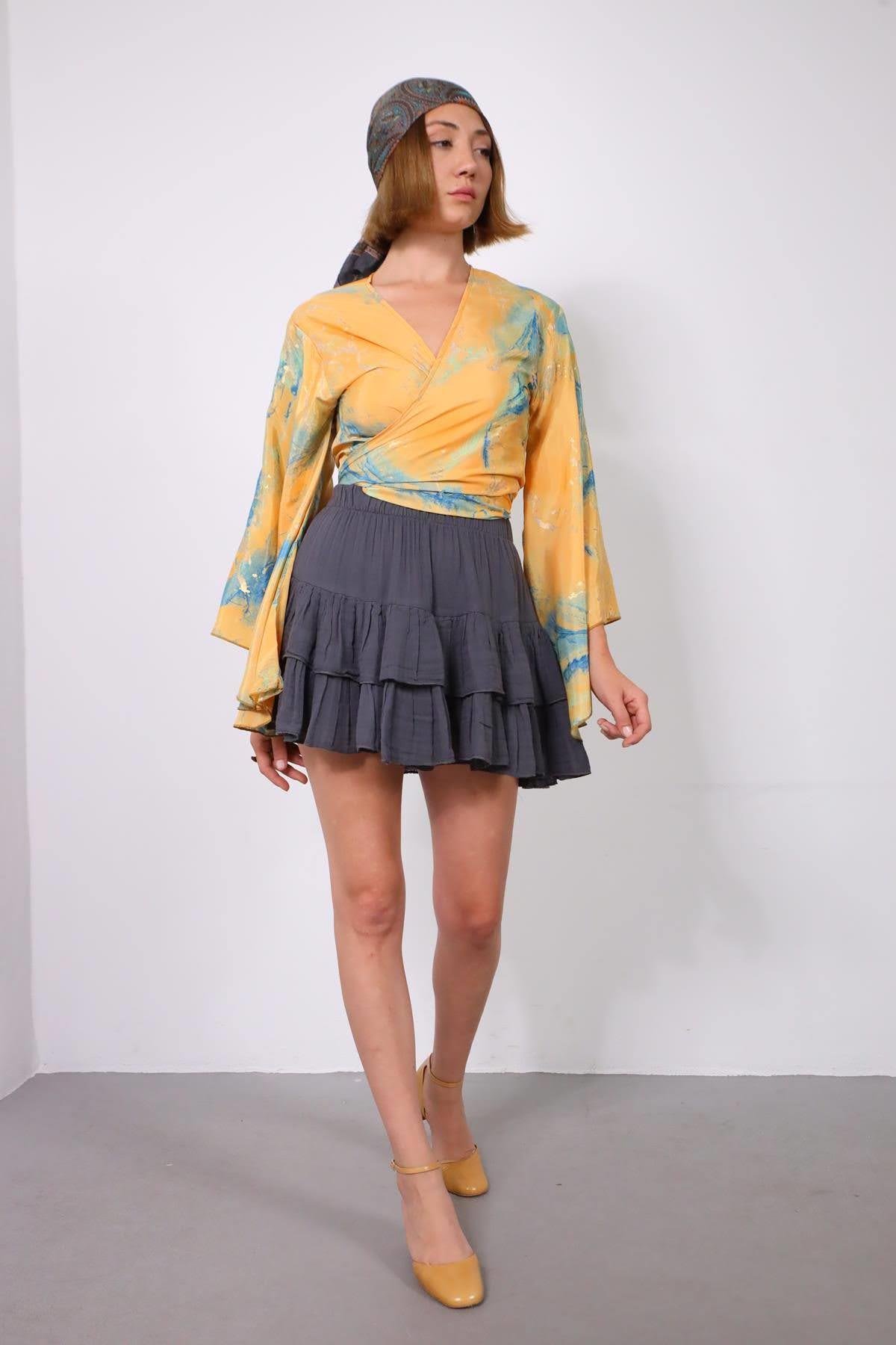 Mango Rengi Yarasa Kol İpek Bolero - Şaman Butik Mango Rengi Yarasa Kol İpek Bolero