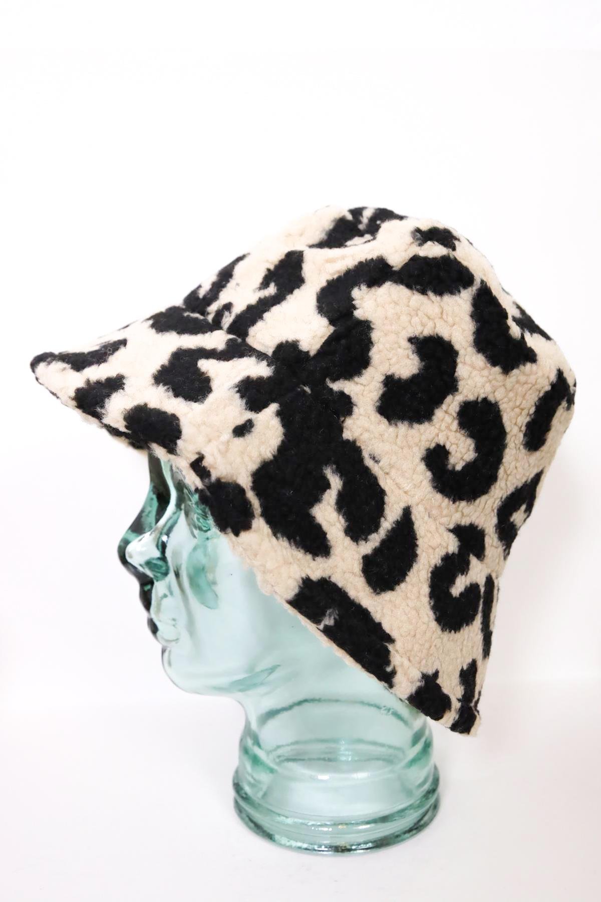  Krem Rengi Leopar Desen Bucket Şapka