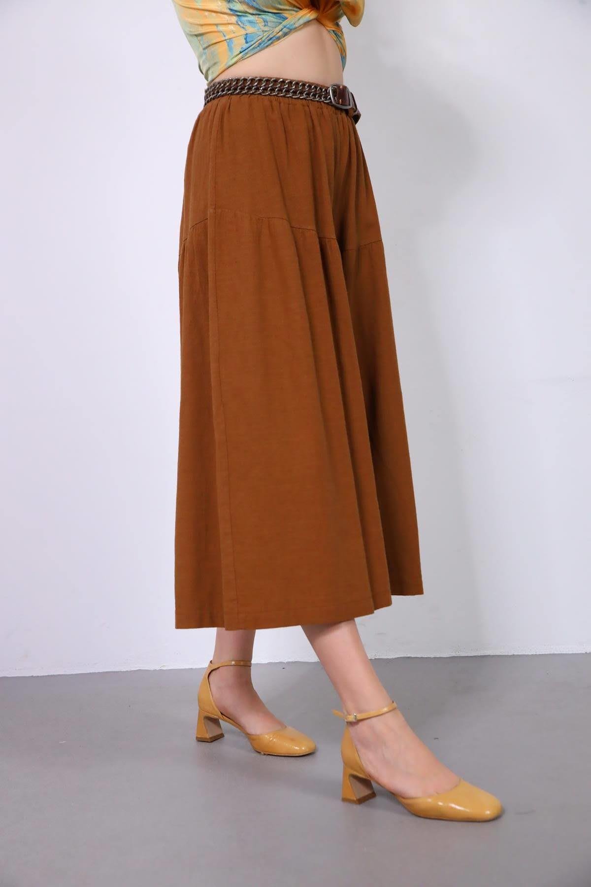  Kahverengi Beli Lastikli Kısa Geniş Paçalı Keten Pantolon