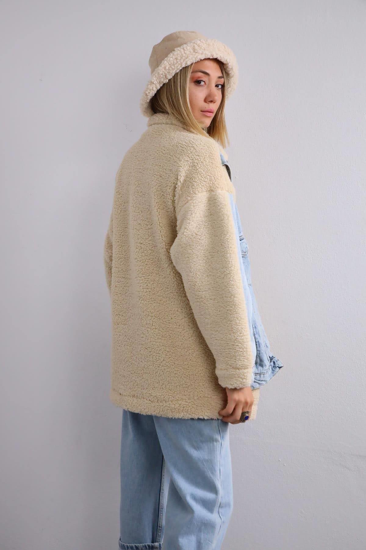 Krem Rengi Jean Detaylı Ceket - Şaman Butik Krem Rengi Jean Detaylı Ceket