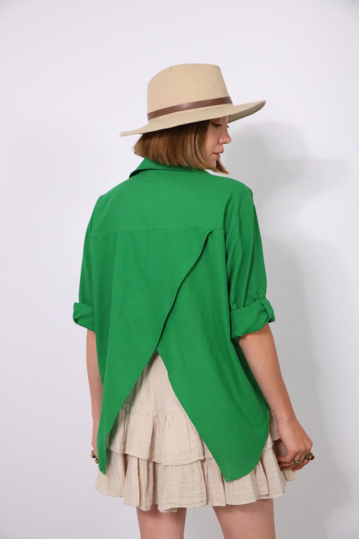 Green Big Pocket Open Back Shirt - Saman Butik | Shop Online Green Big Pocket Open Back Shirt