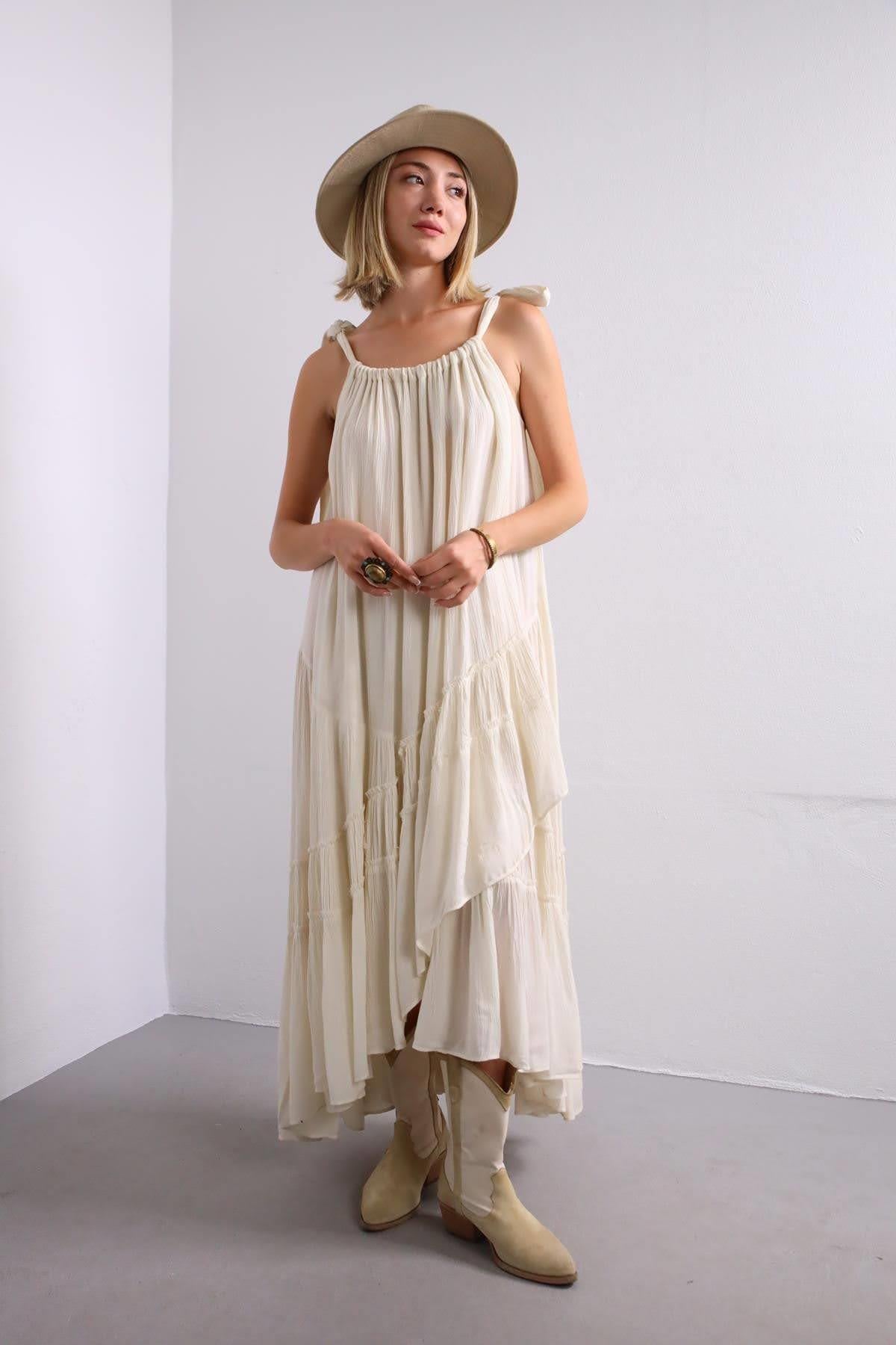 Bej Kat Kat Uzun Elbise - Şaman Butik Bej Kat Kat Uzun Elbise