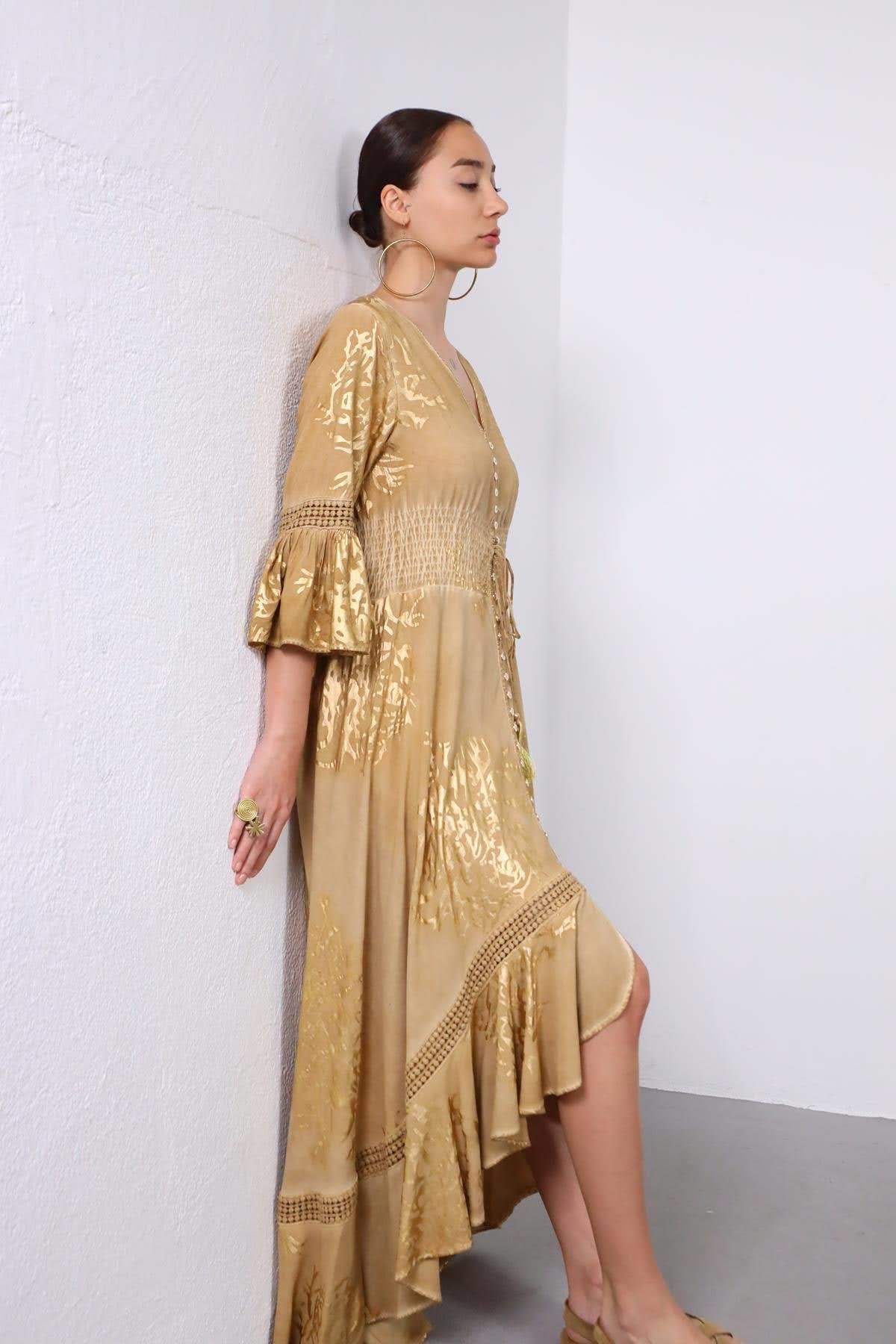 Camel Rengi Altın Varaklı File Detaylı Düğmeli Elbise - Şaman Butik Camel Rengi Altın Varaklı File Detaylı Düğmeli Elbise