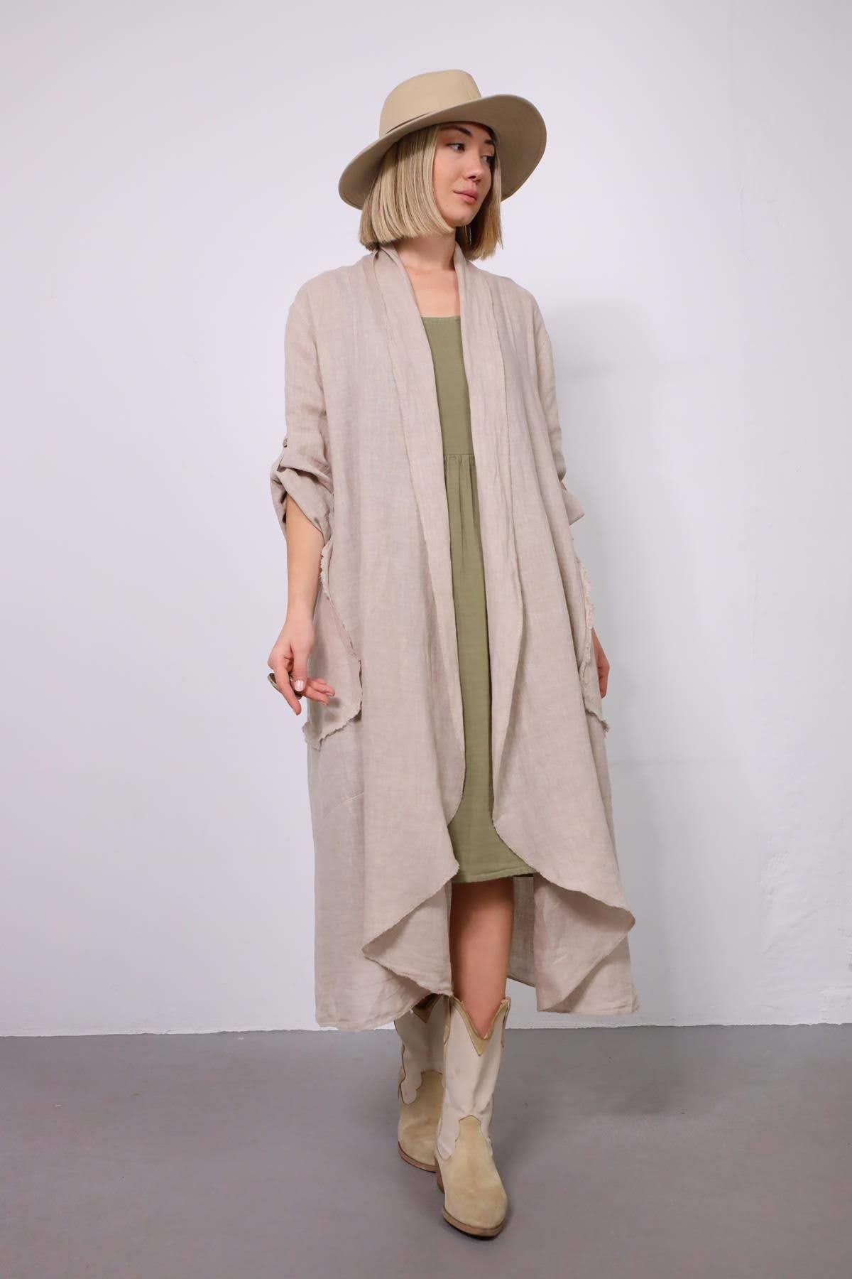 Krem Cebi Düğmeli Keten Kaftan - Şaman Butik - Bohem Giyim ve Aksesuar | Kadın & Erkek Krem Cebi Düğmeli Keten Kaftan