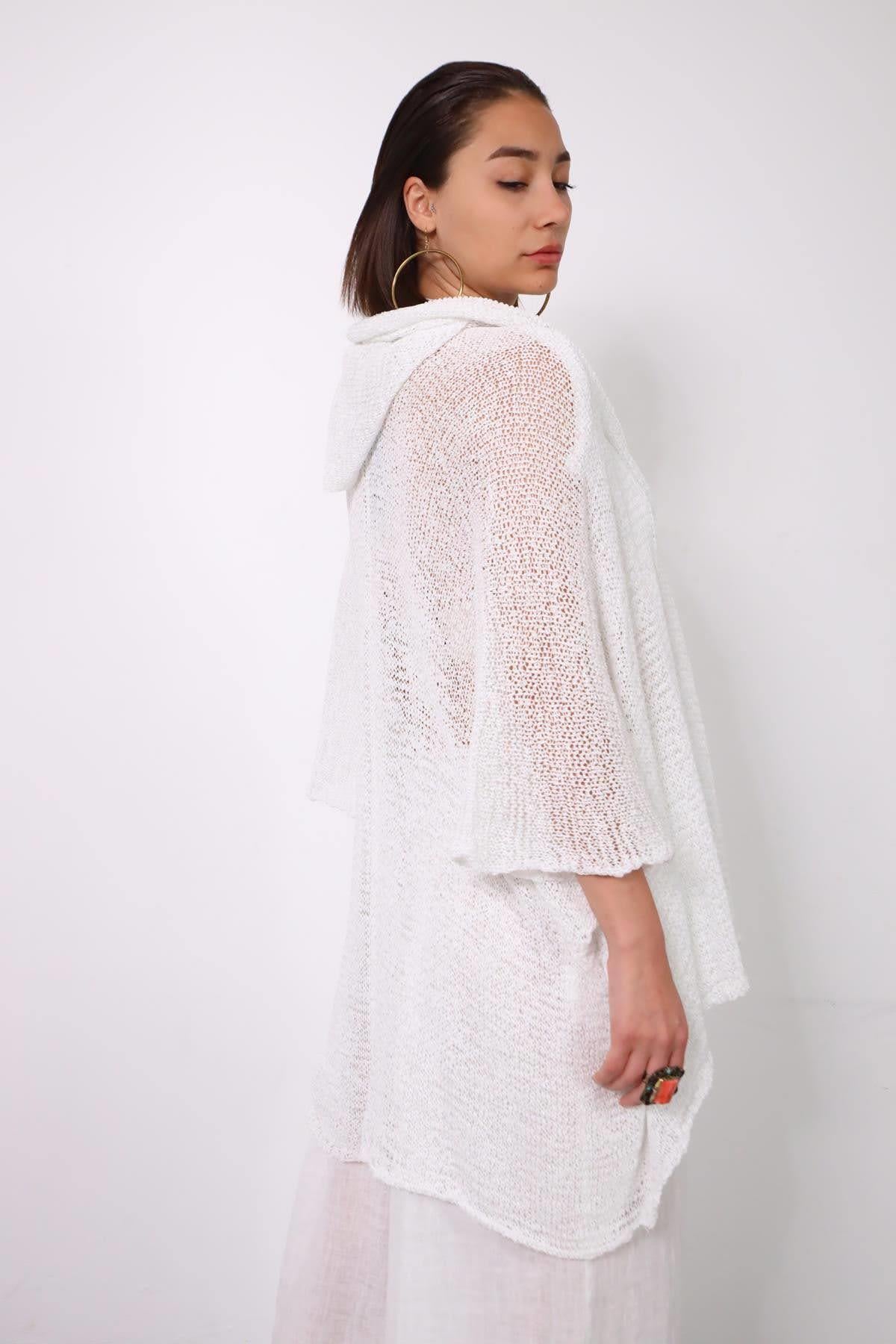 White Mercerized Hoodie Cardigan - Saman Butik | Shop Online White Mercerized Hoodie Cardigan