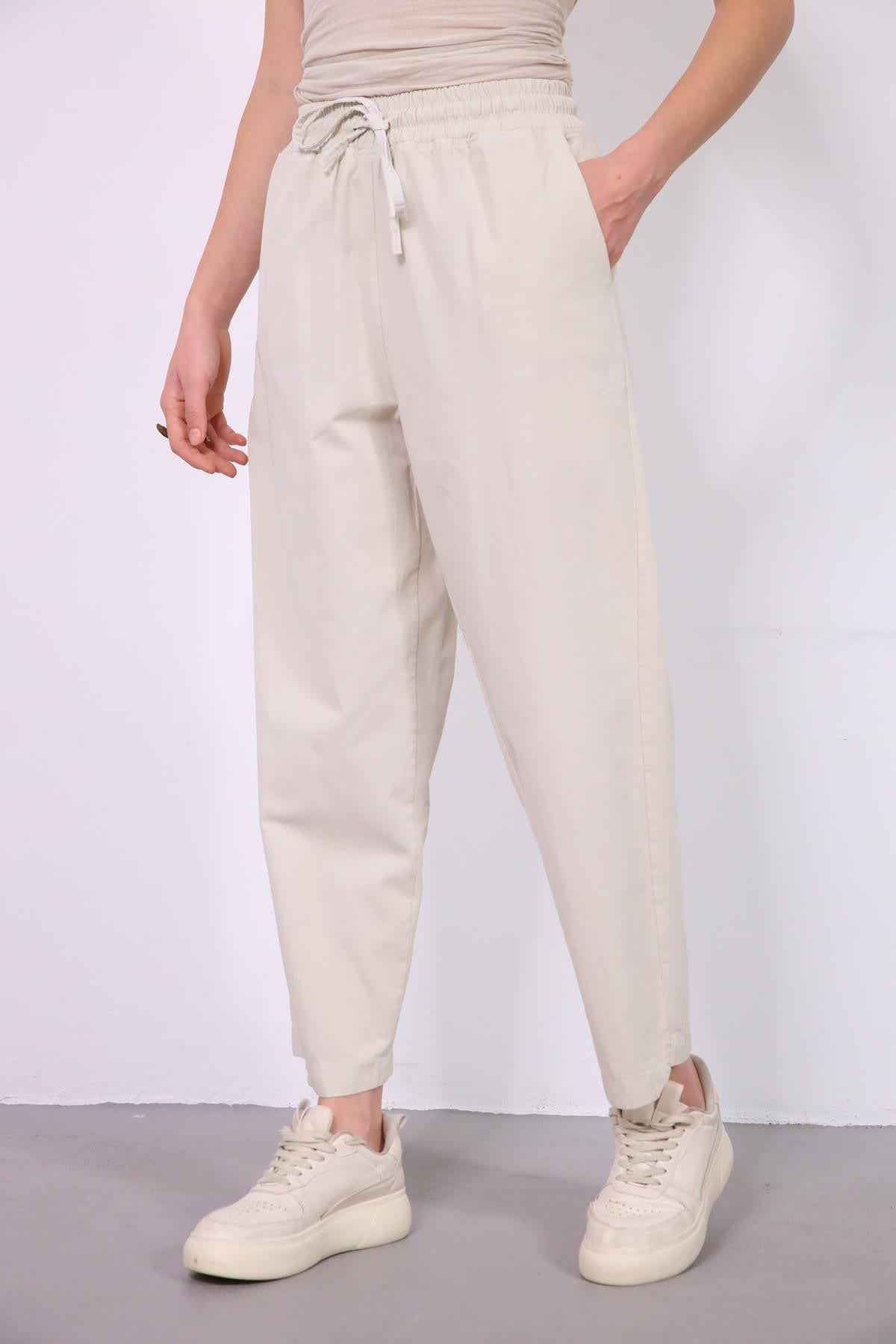 Taş Rengi Beli Lastikli Paça Detaylı Pantolon - Şaman Butik Taş Rengi Beli Lastikli Paça Detaylı Pantolon