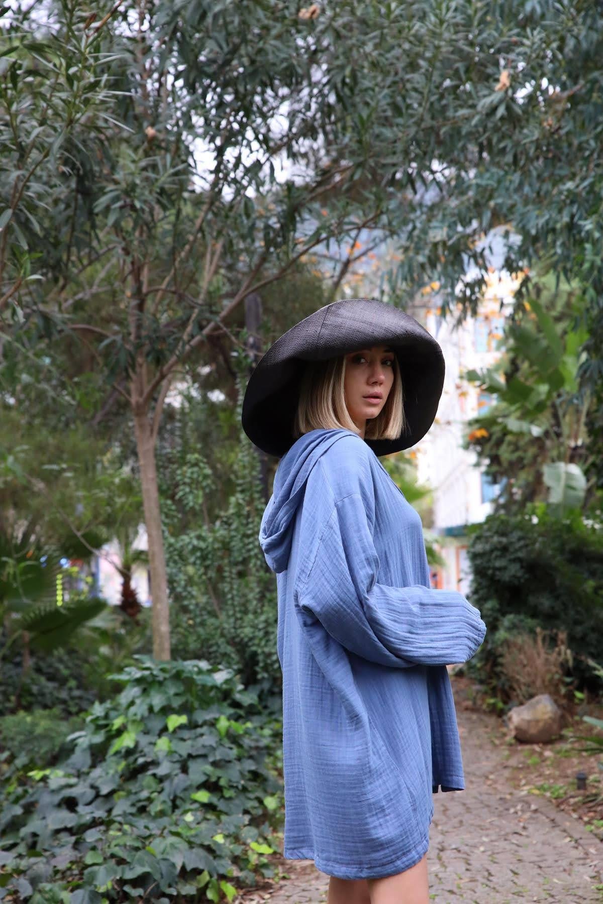 İndigo Mavi Kapüşonlu Müslin Gömlek - Şaman Butik İndigo Mavi Kapüşonlu Müslin Gömlek