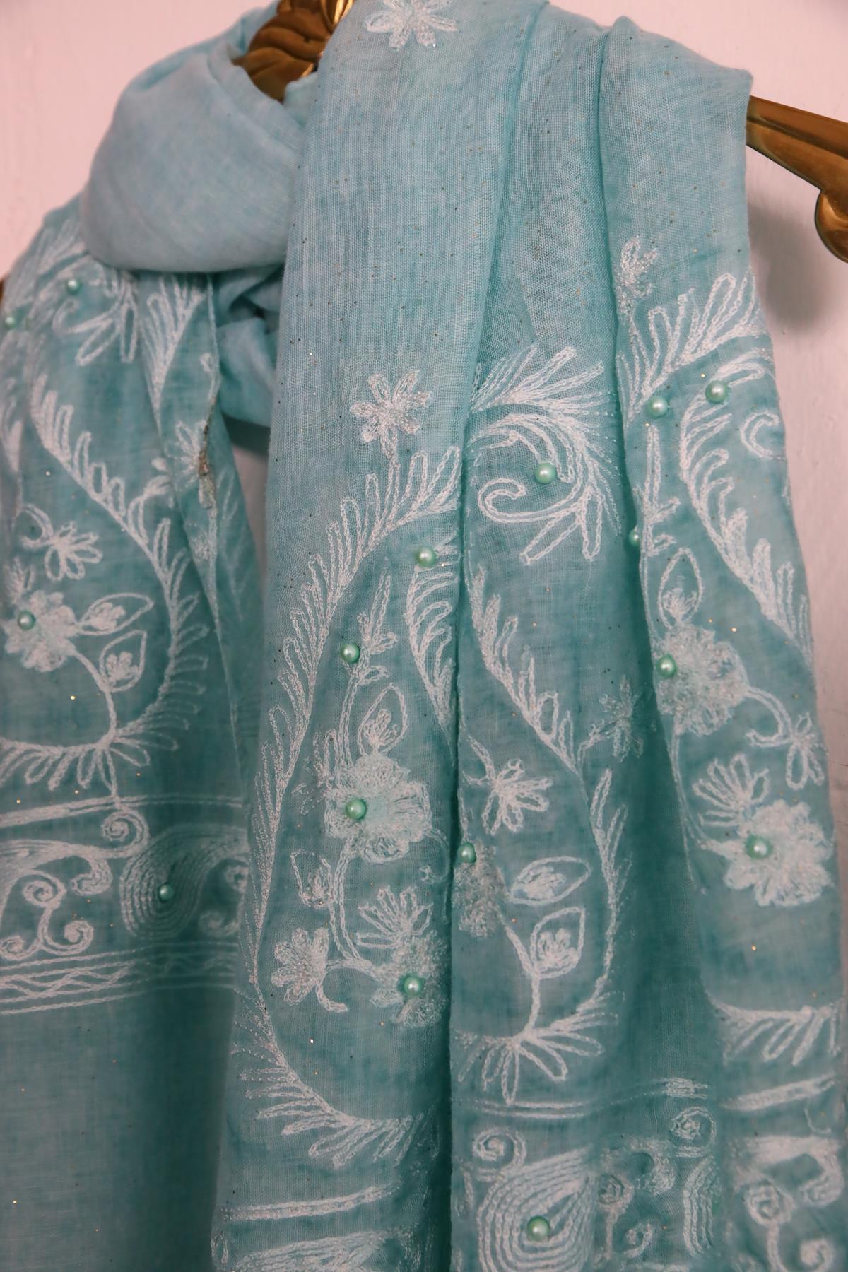  Turkuaz Simli İnci İşlemeli Şal