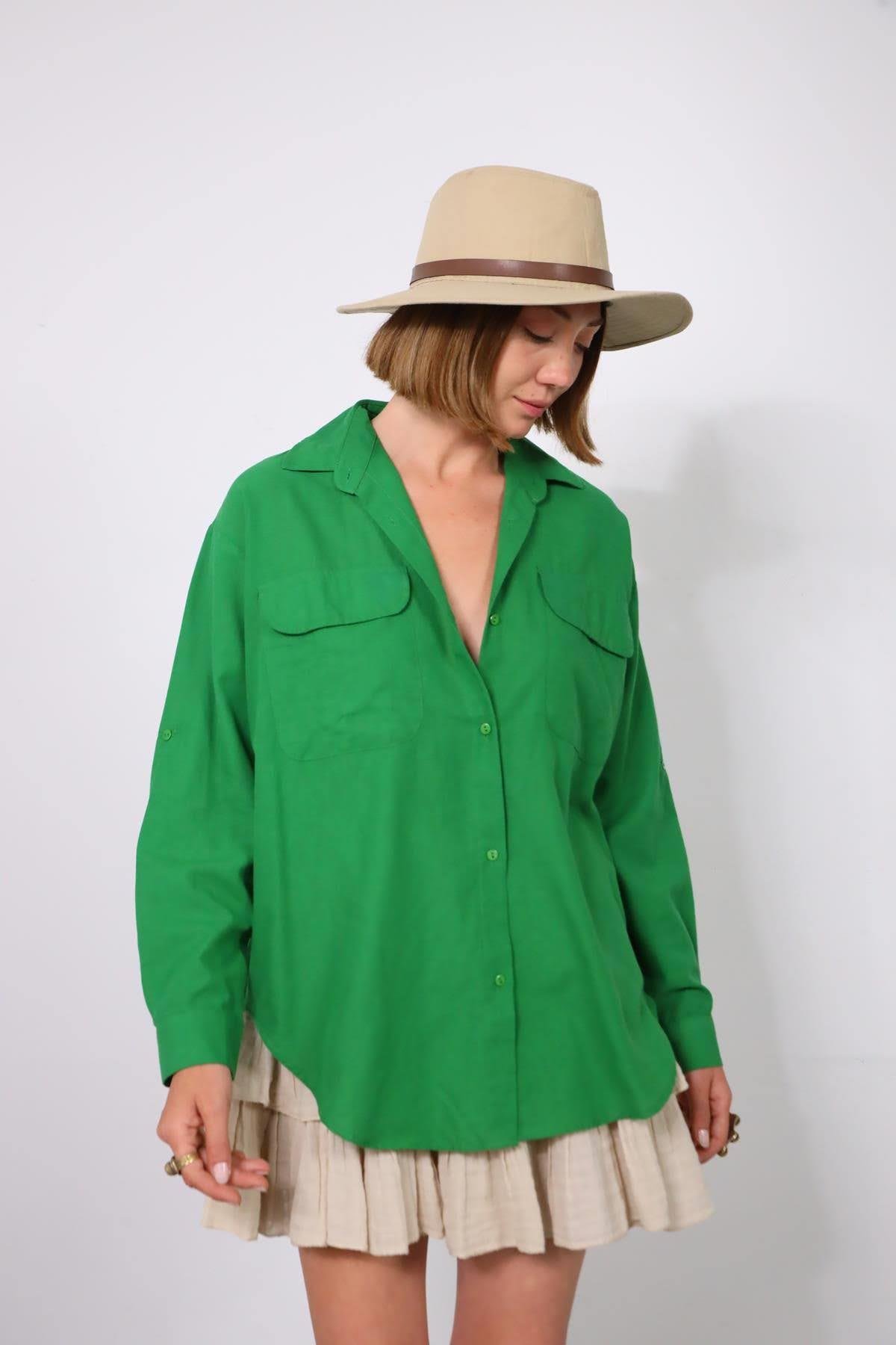 Green Big Pocket Open Back Shirt - Saman Butik | Shop Online Green Big Pocket Open Back Shirt