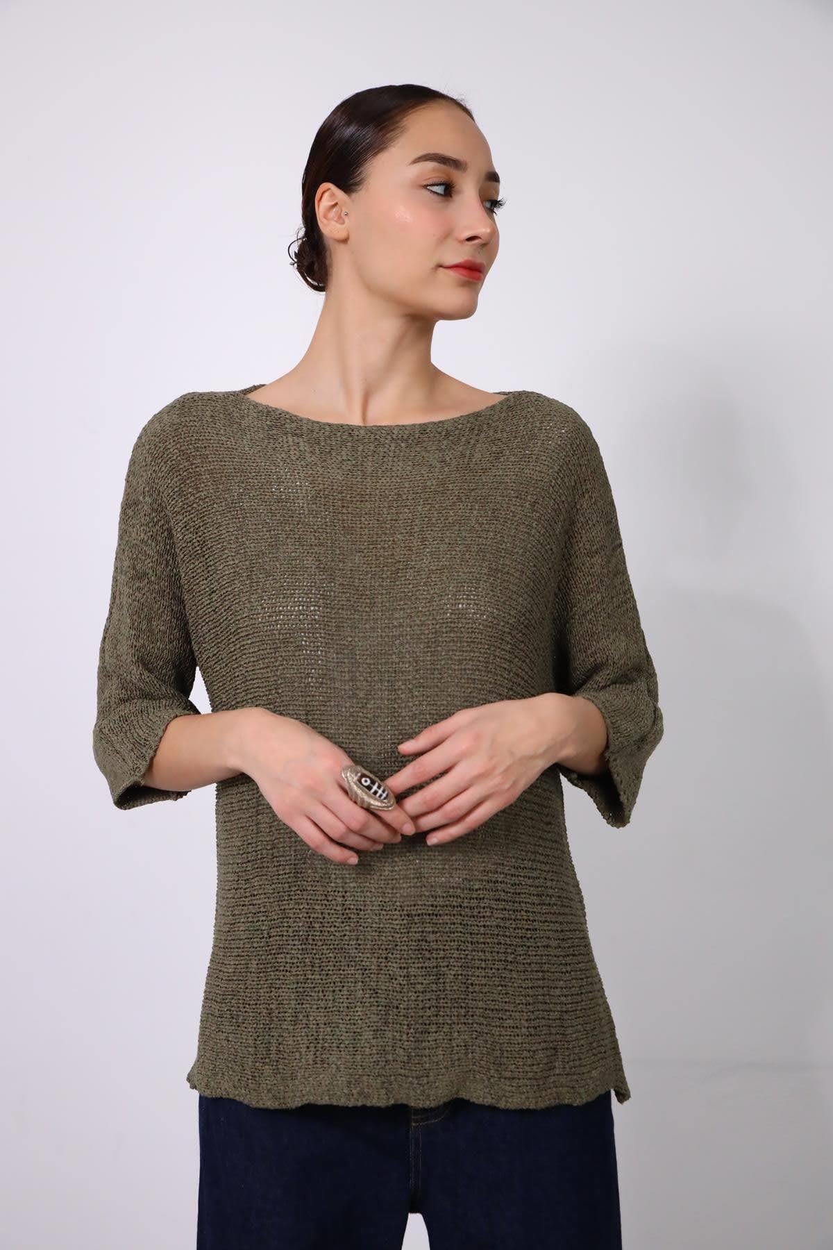 Khaki Boat Neck Elbow Sleeve Mercerized Blouse - Saman Butik Khaki Boat Neck Elbow Sleeve Mercerized Blouse