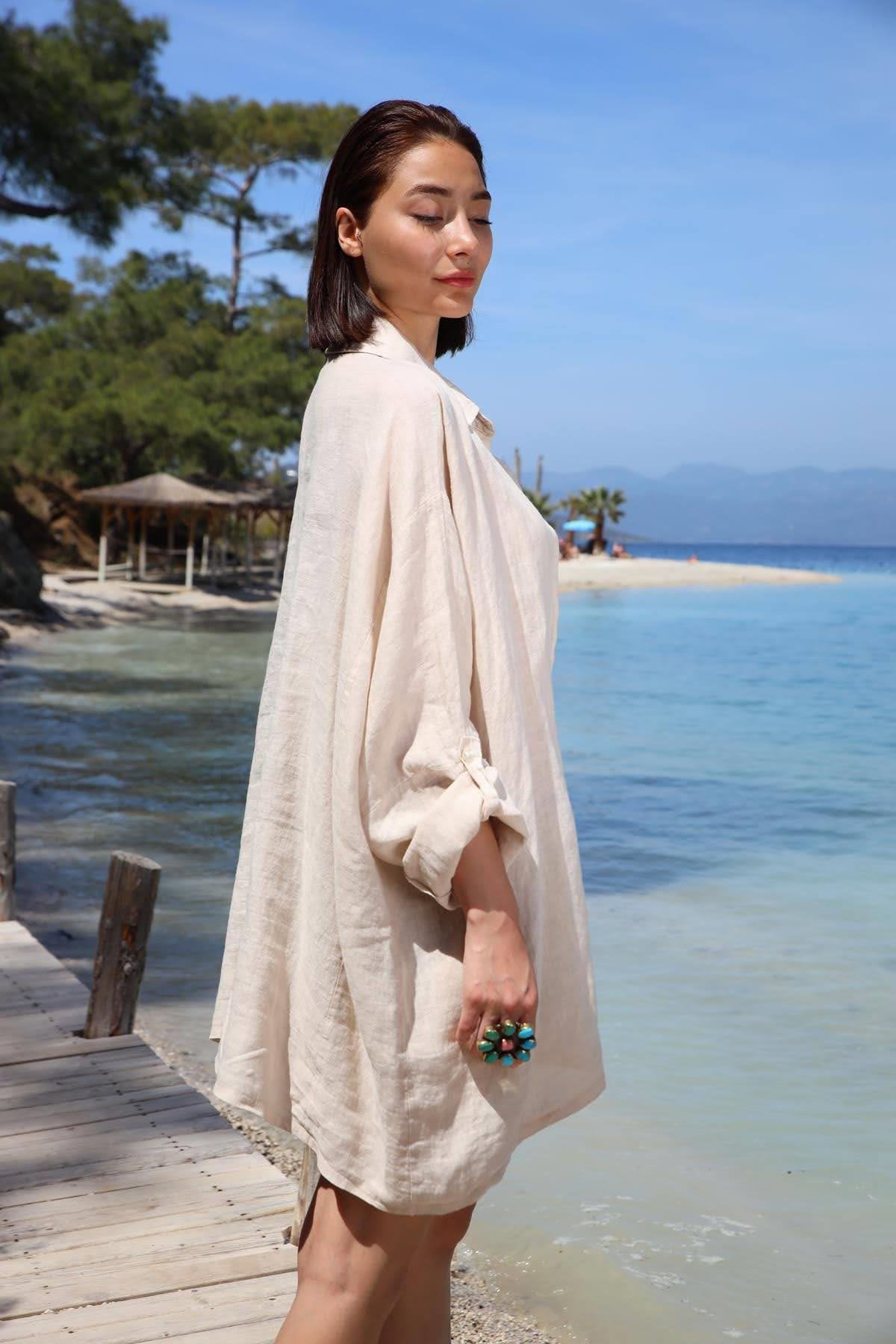  Krem Rengi Kolları Apoletli Uzun Keten Gömlek