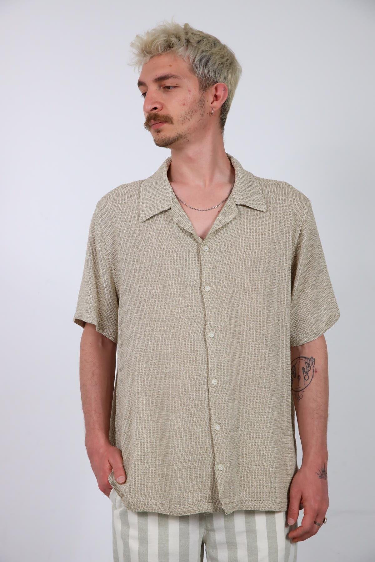  Açık Haki Örme Pamuk Kumaş Kısa Kollu Erkek Gömlek
