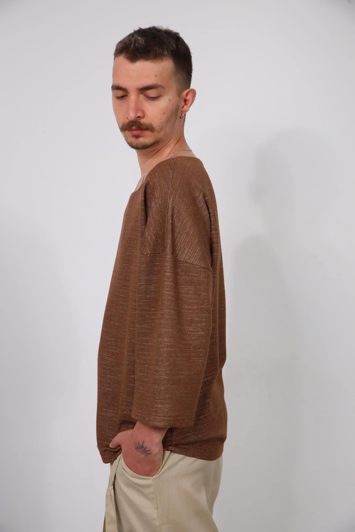  Kahverengi Geniş Yaka Truvakar Kol Erkek Sweatshirt