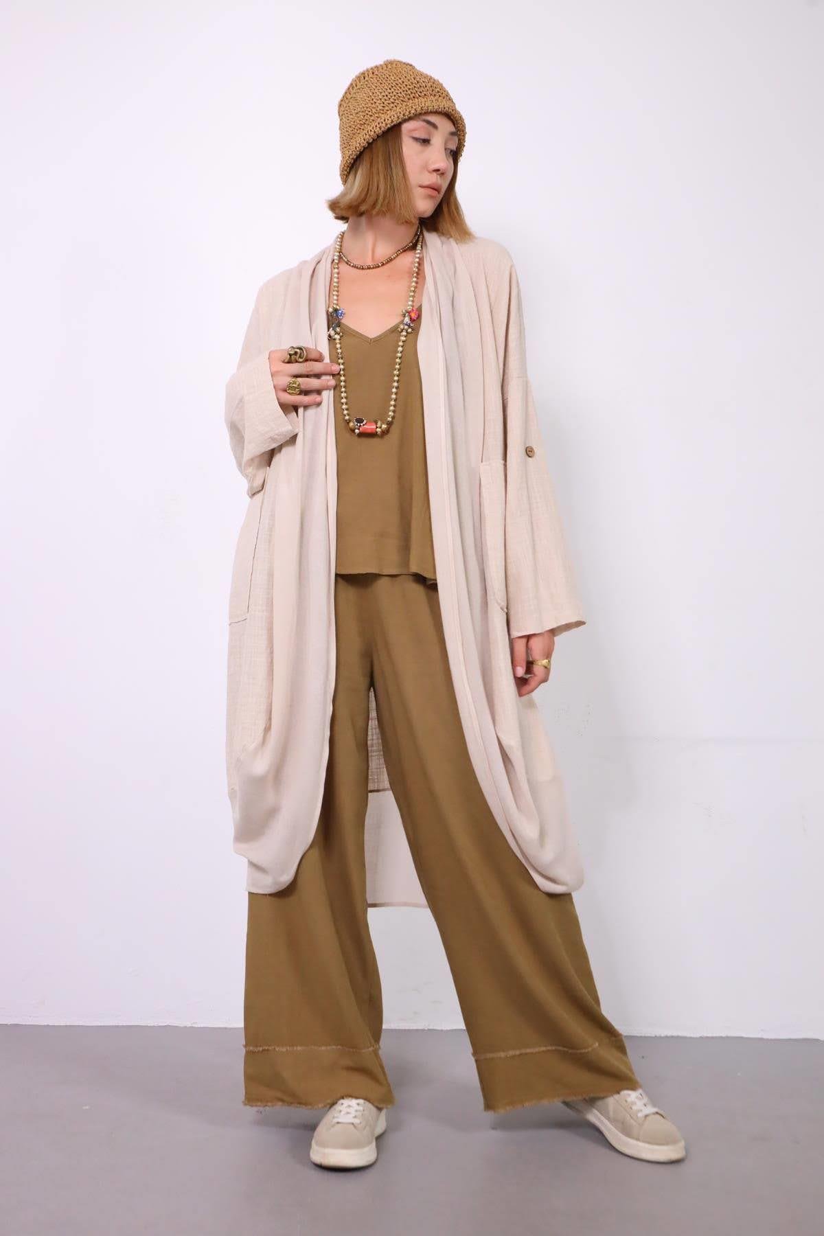  Krem Rengi Garnili Şal Yaka Cepli Kısa Kaftan