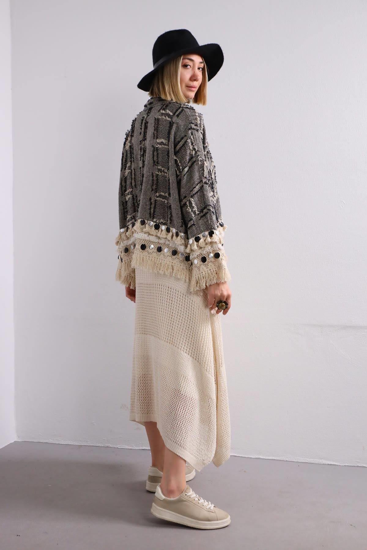  Siyah Saçaklı Kısa Etnik Ceket